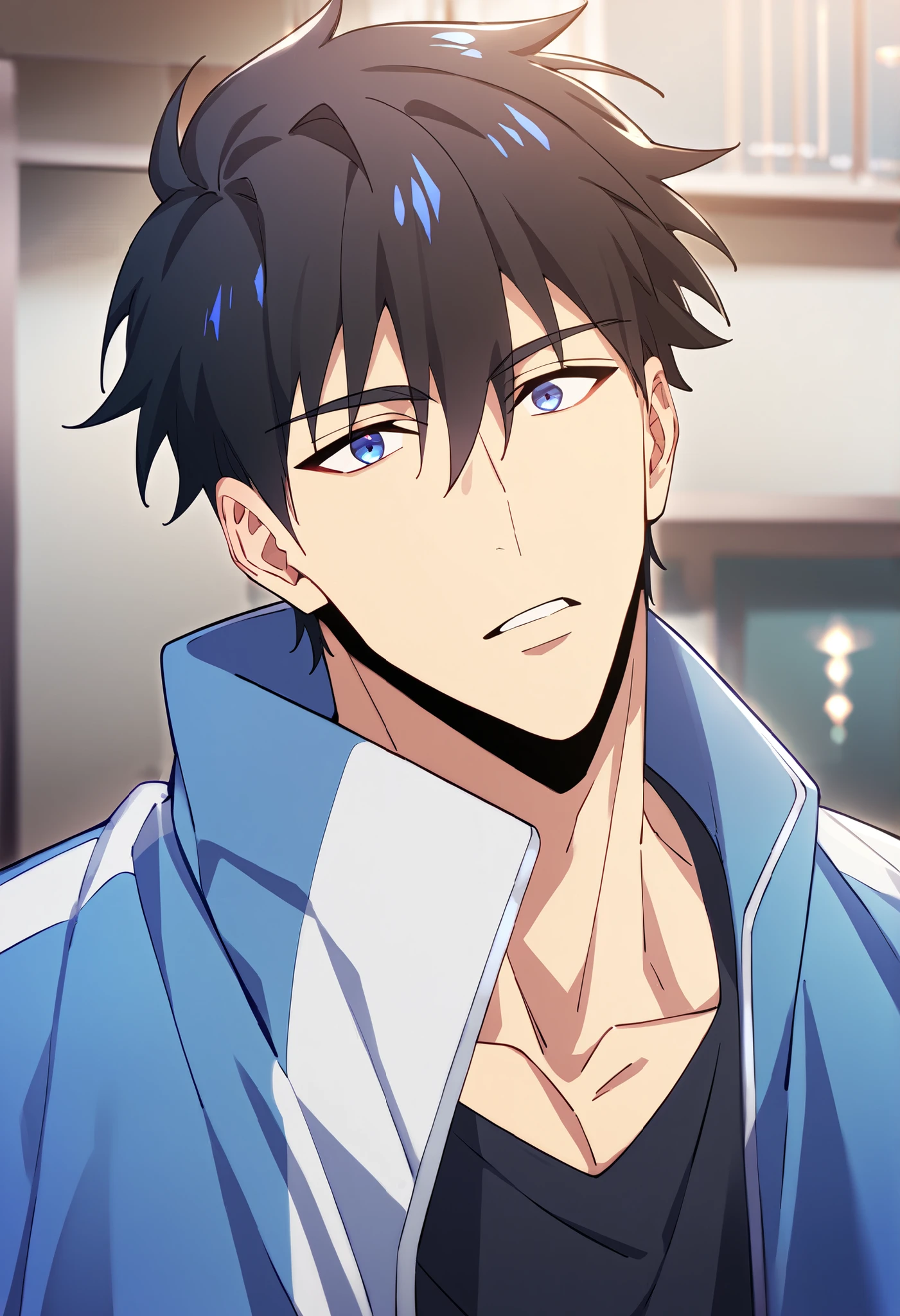 score_9, score_8_up, score_7_up, One person, male focus, Source_anime, Sung Jin Woo, black hair, blue eyes, Pectorals, jacket, open jacket, Indoor, solo, staring at viewers, best quality, Great Quality, Best Aesthetic, very high resolution, 2023