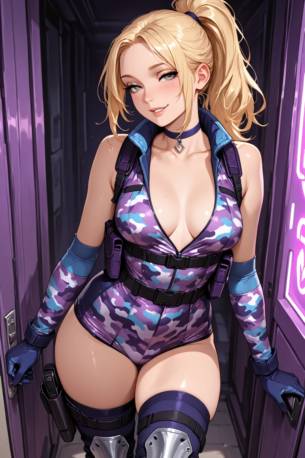 Imagine Olivia Dunne as an video game character, Olivia Dunne as an Fortnight character, beautiful 20 year old woman, High-quality facial research of Olivia Dunne, High-quality detailed research of Olivia Dunne's figure, small breasts, brown eyes, dirty blonde hair, long hair, ponytail styled hair, tan-olive skin. ((aiming at the viewer with a gun)), glossy white and purple leotard, high-tech goggles, boots, two pistols, ((holding a pink handgun)), (((decent looking gun)))). Whole body, Casual pose, Beautiful pose, (Extremely detailed CG 8k wallpaper), (Extremely delicate and beautiful), (Masterpiece), (Best quality: 1.0), (Ultra-high resolution: 1.0), Beautiful lighting, Perfect lighting, Realistic shadows, [high resolution], Detailed skin, Super detailed (((Colorful))), Digital art, Fortnight concept art, full body concept art, Expert concept art with high detail, concept-art, third person shooter game concept art, concept-art, Drew Hill style, Video game concept art, 4K, full body portrait
