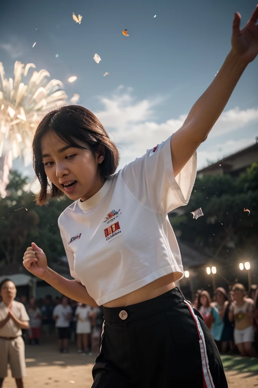 A cute chubby little girl，Double bun and bangs，Very happy，Laughing and holding aloft the Asian Games torch