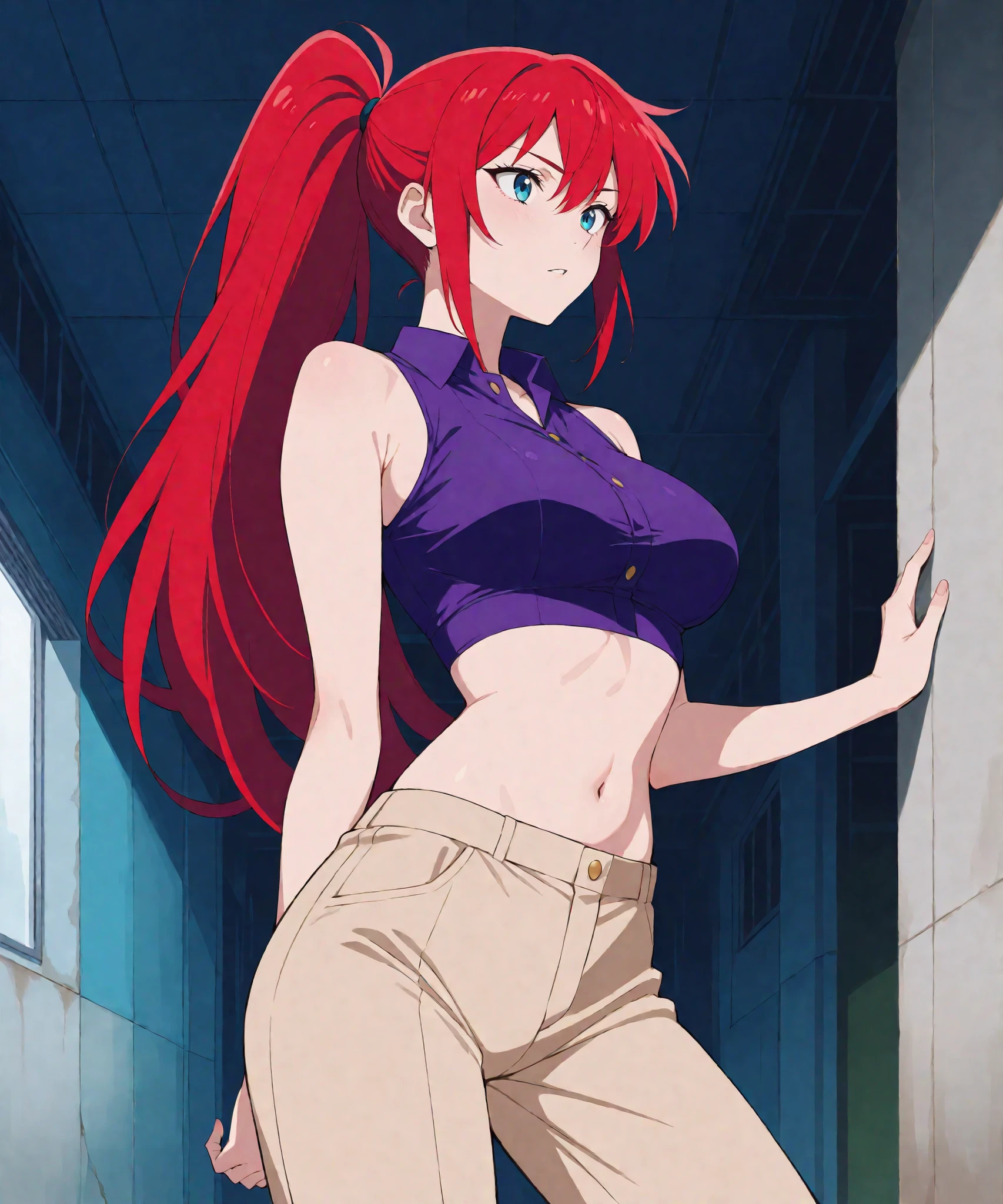 score_9, score_8_up, score_7_up, 1girl, solo, beautiful anime girl with very long red hair ponytail & blue eyes, badass female, wearing purple sleeveless collared crop top & beige khaki pants, inside of a abandoned parking garage at night time