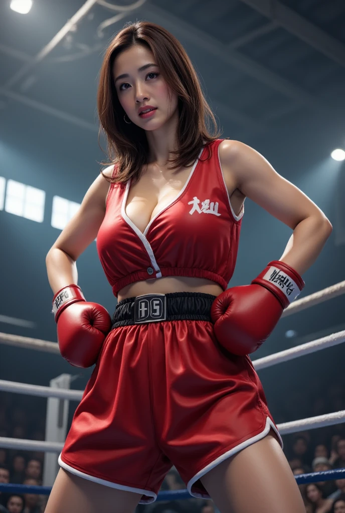 Boxer gloves、beautiful female boxer、brown hair up style、((whole body))、(((photo taken from below)))、On the ring