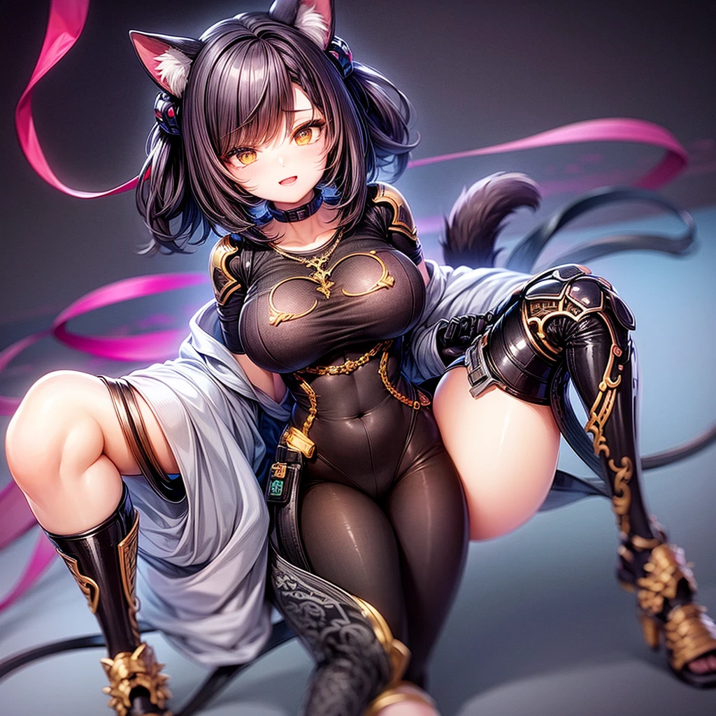 (masterpiece, best quality:1.3), highly detailed, intricate, professional art, digital art, 8K, kalibelladonna stands on high heel and send flying kiss, (japaneese meadows and rivers complex background, outside:1.15), full body shot, looking at viewer animal eyes, cat ears, black hair, short hair, blunt bangs, lipstick, (purple makeup:1.1), black eyeshadow, smokey eyes, detailed hair, ultra detailed face, yellow eyes, perfect eyes, perfect face,(tail:1.1), (japanese clothes:1.1), detached sleeves, (hip vent:0.9), (bridal gauntlets:1.1), shrug (clothing), black gloves, elbow gloves, socks, sandals,(mature female, 40yo:1.1), puffy tits, (breasts out:0.8) large areola, Large Breasts, cleavage, <lora:Kali-000009:0.9>,cherry blossoms, (solo focus,:1.2)