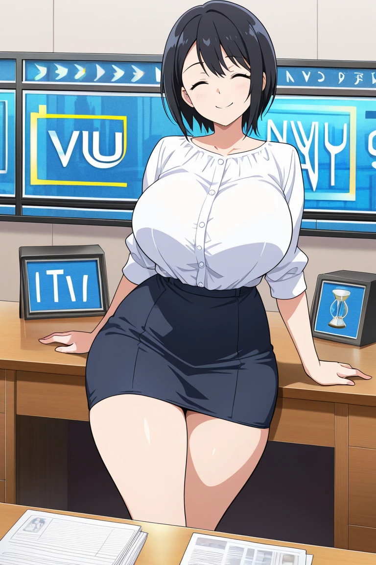 sexy woman, mature milf, huge breasts, large breasts, curvy, voluptuous, completely nude, nude, pussy, nipples, black hair, brown eyes, tomboy pixie cut hairstyle, necklace, earrings, smile, standing, solo focus, leading news, in news studio, big screen in the background, indoors, js_news