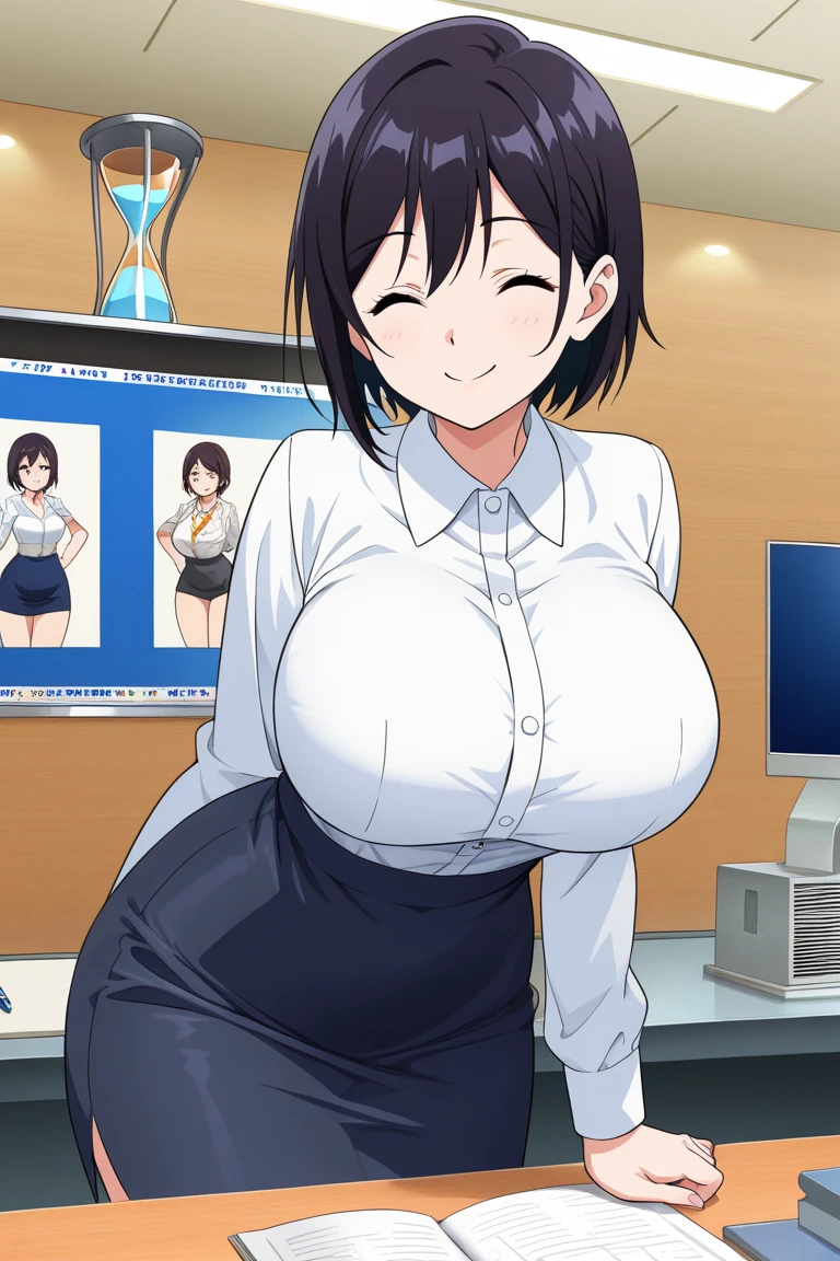 ((Table t○p, highest quality, Hi-Res Lucifer,Anime Screen Capture、perfect pixel, 4k, nffsw,)))、perfect anatomy、female police officer、(((huge breasts、wide hips、thick thighs、big ass)))、Sweat、Steam from armpits,(hands behind head、both armpits)、 (((swollen nipples、light blue panties))),(yellow eyeuscular)))、((bob cut))、((black hair)), ((((blush、embarrassing))))、((Shirt open))、:o、(office room)、((sit at the table、legs spread))、