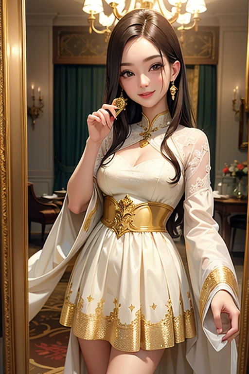 (realistic:1.3), finely, quality, rembrandt lighting, (masterpiece:1.2), (photorealistic:1.2), (best quality), (fine skin:1.3), (intricate details), dramatic, ray tracing, 1 girl, japanese girl, 21 years old, fine skin texture, (blush:0.5), (I get goosebumps:0.5), scattered below the surface, smile, medium breasts, (big hair, mega twin drill:1.2), bangs, hair between eyes, Clothes, cowboy shot, (bright sunny day),