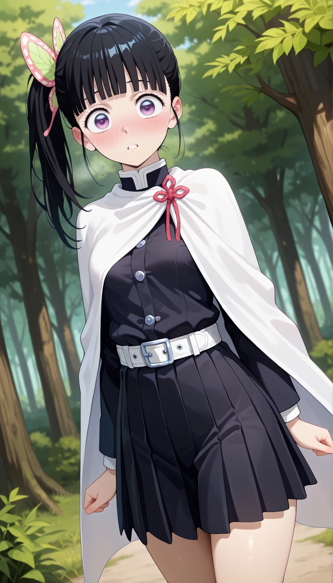 masterpiece, best quality, good quality, amazing quality, very aesthetic, absurdres, beautiful face, clean skin, very aesthetic, absurd, perfect body quality, beautiful curves, perfect, 1girl, aakanao, long hair, black hair, side ponytail, hair ornament, blunt bangs, purple eyes, (wide eyes:1.3), parted lips, small , white cape, black shirt, long sleeves, white belt, pleated skirt, black skirt,  (embarrassed blush), (suprise:1.3), outdoor, standing, cowboy shot, dutch angle, forest, arms at side, looking at viewer, front view,