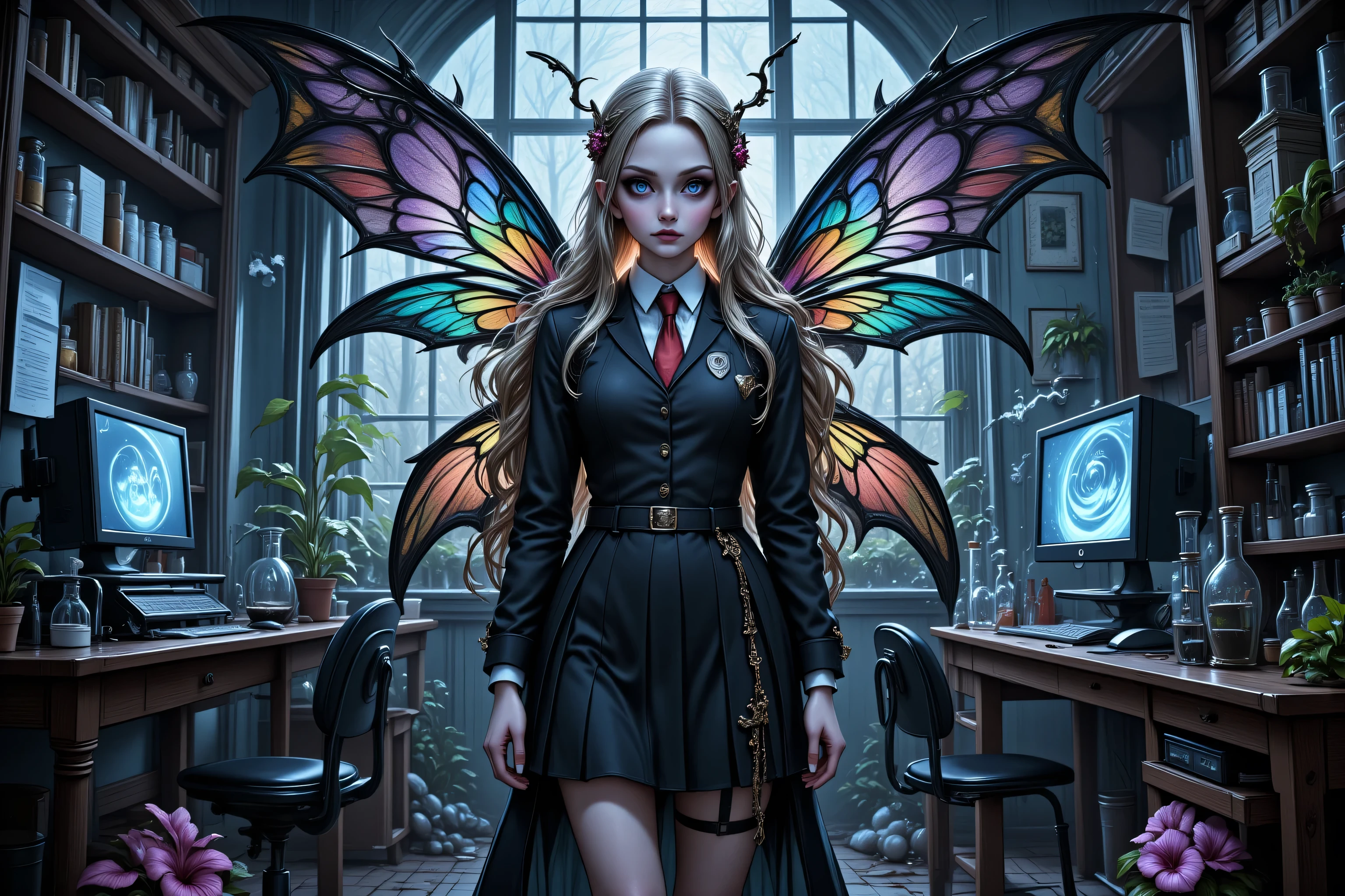 Faeothic,zavy-ctcmcs,w1n,hyp3rd3tail style,a picture of dark goth  fairy in her school science lab, casting a spell on dark plants, that grow wildly an exquisite beautiful female fairy, long blond hair, braided hair, dark colorful wings, pink eyes, wearing school uniform wearing red tie, wearing high heels, standing in a school lab, some bickers, vials, smoke rising from science experiment, computer screen, best quality, 16k, [ultra detailed], masterpiece, best quality, (ultra detailed), full body, ultra wide shot, photorealism
