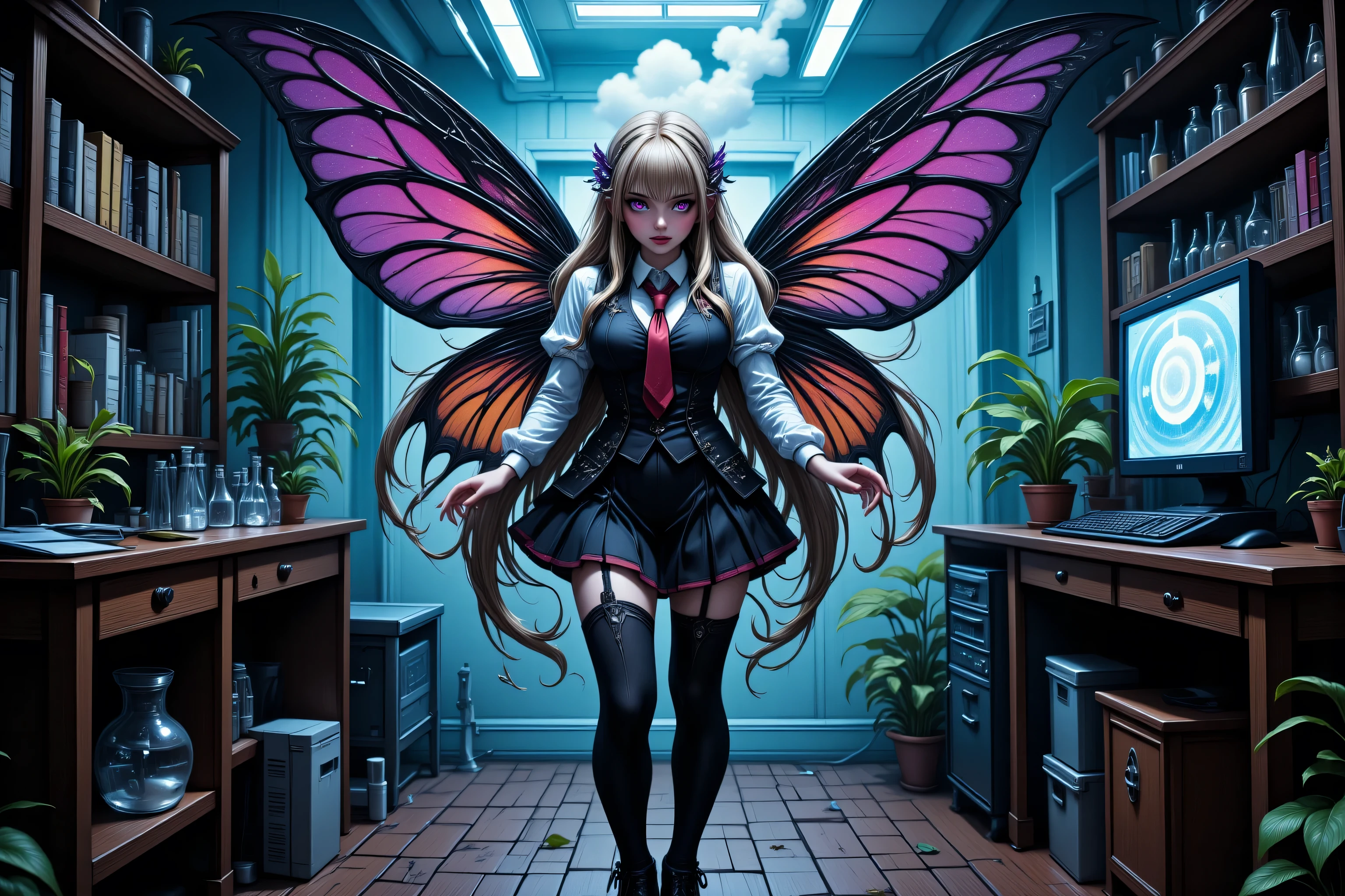 Faeothic,zavy-ctcmcs,w1n,hyp3rd3tail style,a picture of dark goth  fairy in her school science lab, casting a spell on dark plants, that grow wildly an exquisite beautiful female fairy, long blond hair, braided hair, dark colorful wings, pink eyes, wearing school uniform wearing red tie, wearing high heels, standing in a school lab, some bickers, vials, smoke rising from science experiment, computer screen, best quality, 16k, [ultra detailed], masterpiece, best quality, (ultra detailed), full body, ultra wide shot, photorealism
