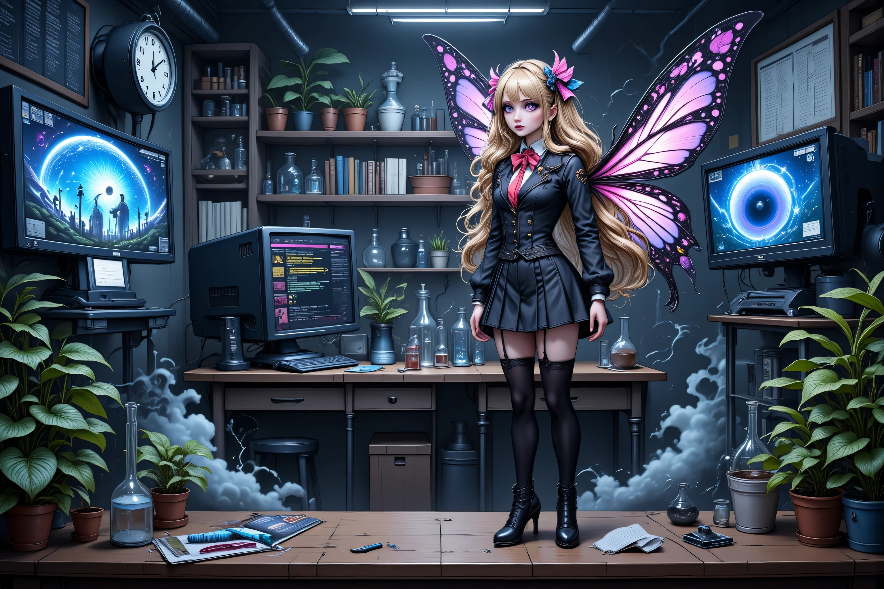 Faeothic,zavy-ctcmcs,w1n,hyp3rd3tail style,a picture of dark goth  fairy in her school science lab, casting a spell on dark plants, that grow wildly an exquisite beautiful female fairy, long blond hair, braided hair, dark colorful wings, pink eyes, wearing school uniform wearing red tie, wearing high heels, standing in a school lab, some bickers, vials, smoke rising from science experiment, computer screen, best quality, 16k, [ultra detailed], masterpiece, best quality, (ultra detailed), full body, ultra wide shot, photorealism
