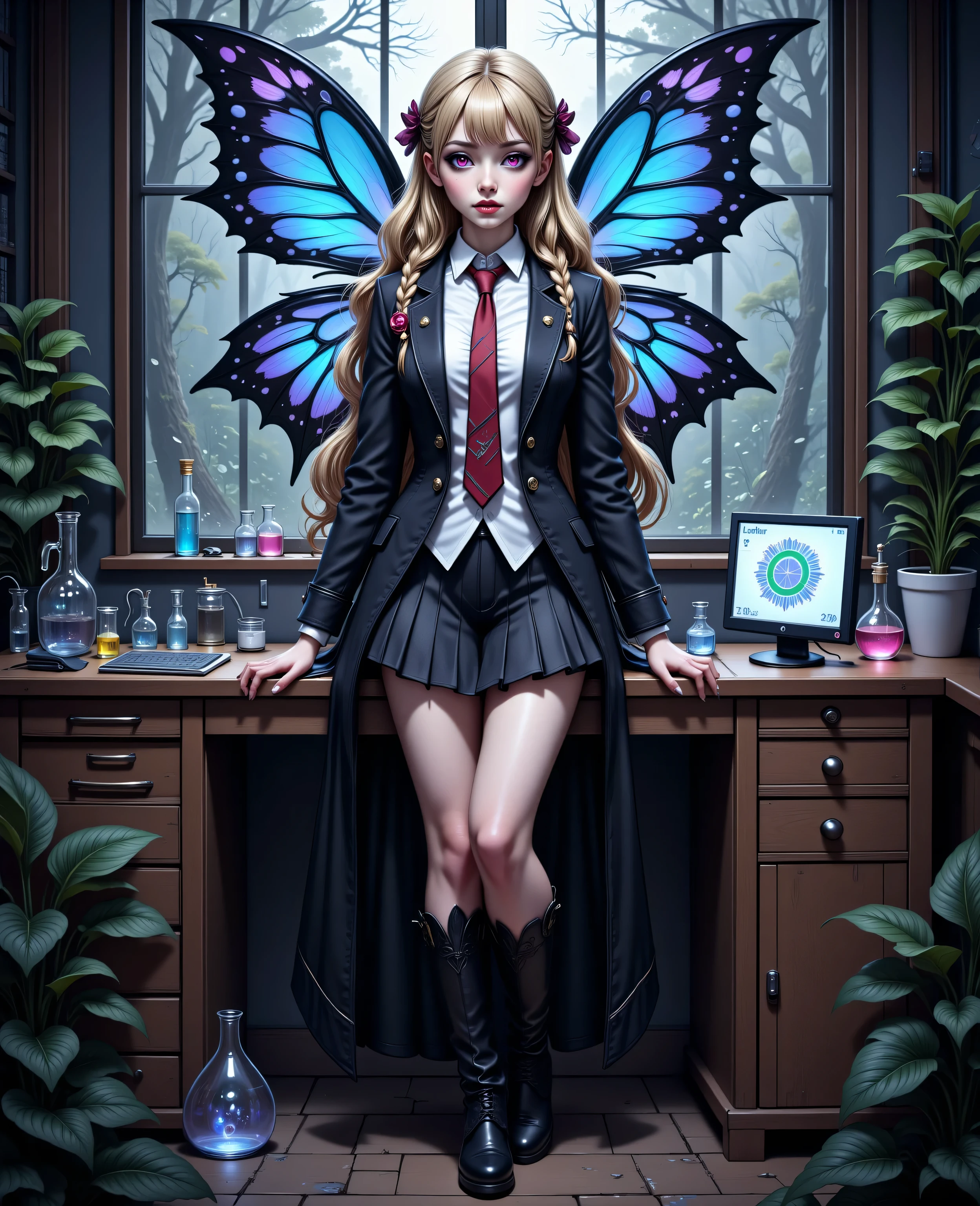Faeothic,zavy-ctcmcs,w1n,hyp3rd3tail style,a picture of dark goth  fairy in her school science lab, casting a spell on dark plants, that grow wildly an exquisite beautiful female fairy, long blond hair, braided hair, dark colorful wings, pink eyes, wearing school uniform wearing red tie, wearing high heels, standing in a school lab, some bickers, vials, smoke rising from science experiment, computer screen, best quality, 16k, [ultra detailed], masterpiece, best quality, (ultra detailed), full body, ultra wide shot, photorealism
