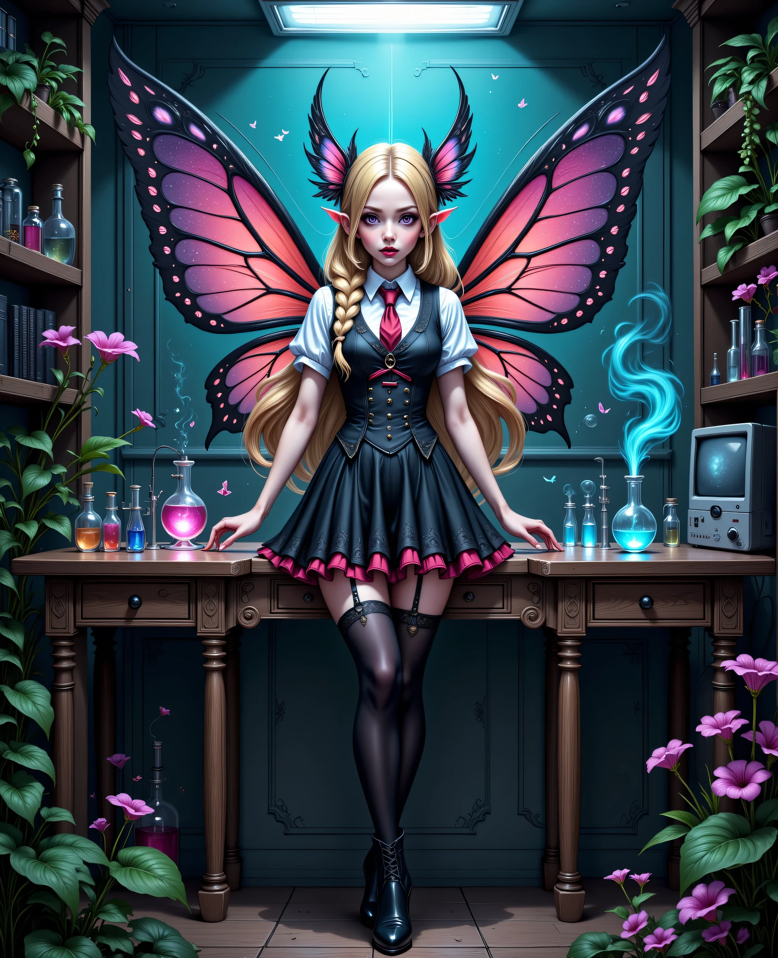 Faeothic,zavy-ctcmcs,w1n,hyp3rd3tail style,a picture of dark goth  fairy in her school science lab, casting a spell on dark plants, that grow wildly an exquisite beautiful female fairy, long blond hair, braided hair, dark colorful wings, pink eyes, wearing school uniform wearing red tie, wearing high heels, standing in a school lab, some bickers, vials, smoke rising from science experiment, computer screen, best quality, 16k, [ultra detailed], masterpiece, best quality, (ultra detailed), full body, ultra wide shot, photorealism
