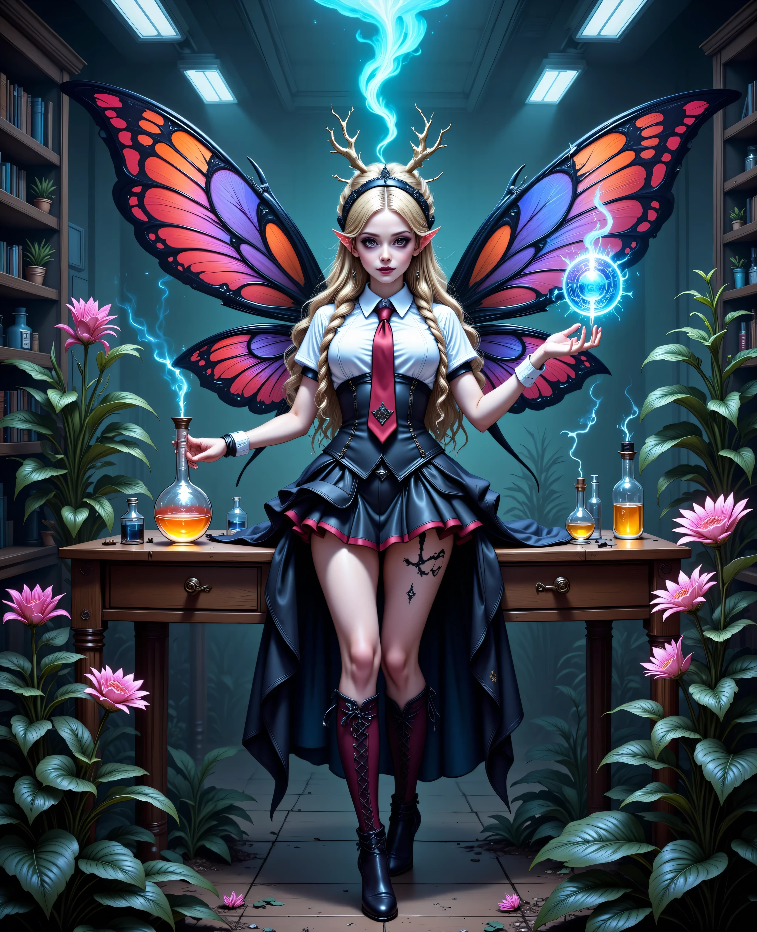 Faeothic,zavy-ctcmcs,w1n,hyp3rd3tail style,a picture of dark goth  fairy in her school science lab, casting a spell on dark plants, that grow wildly an exquisite beautiful female fairy, long blond hair, braided hair, dark colorful wings, pink eyes, wearing school uniform wearing red tie, wearing high heels, standing in a school lab, some bickers, vials, smoke rising from science experiment, computer screen, best quality, 16k, [ultra detailed], masterpiece, best quality, (ultra detailed), full body, ultra wide shot, photorealism
