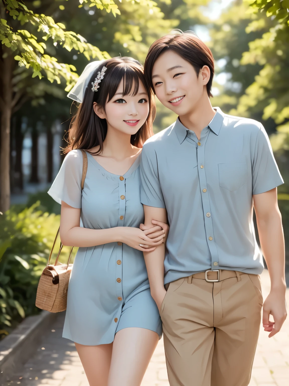 masterpiece, best quality, ultra high res, anime style, romantic newlywed (husband:1.4) and (wife:1.4) walking together in a sunny park, (two people:1.3), (both clearly visible:1.3), (both facing the camera:1.3), from thighs up, vertical composition, holding hands only, no arm linking,
wife: wearing a pure white summer dress with delicate pastel floral patterns, knee-length, short sleeves, soft flowing fabric, feminine and elegant:1.4,
husband: wearing a plain light blue short-sleeve shirt with buttons, paired with beige chinos, clean and casual style:1.4,
both smiling warmly, wife looking at the camera, husband looking at wife with affection, bright green trees and flowers in the background, sunlight filtering through leaves, warm and airy atmosphere, depth of field, dreamy bokeh, heartwarming and affectionate vibe