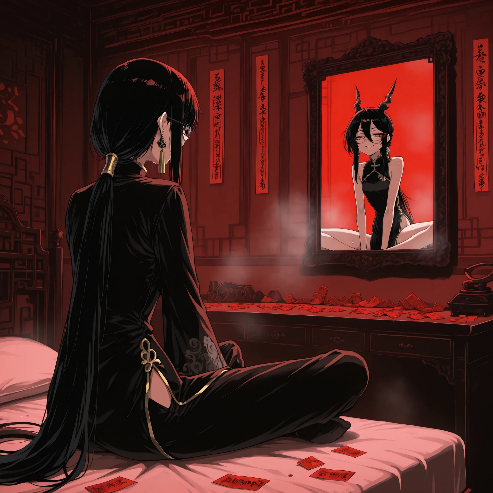 masterpiece, best quality, amazing quality, very aesthetic, foreshortening, 1 girl, mesugaki, taoist, wearing black and gold cheongsam, very long sleeves, opened clothes, have black hair, long bangs, low ponytail, extremely long ponytail, narrowed eyes, yellow eyes, glasses, red eyeshadow in corner of eyes, chinese style earrings, skinny, small breast,
BREAK, smiling, blushed, sweaty, exausted, view from side,
BREAK, NSFW, looking in a mirror, leaning forward, shadowy, indian style sitting, face in a mirror,
BREAK, in luxurious chinese room, on bed, Chinese talismans scattered everywhere, money bills scattered everywhere, red lighting, dark theme, steam, cyberpunk.