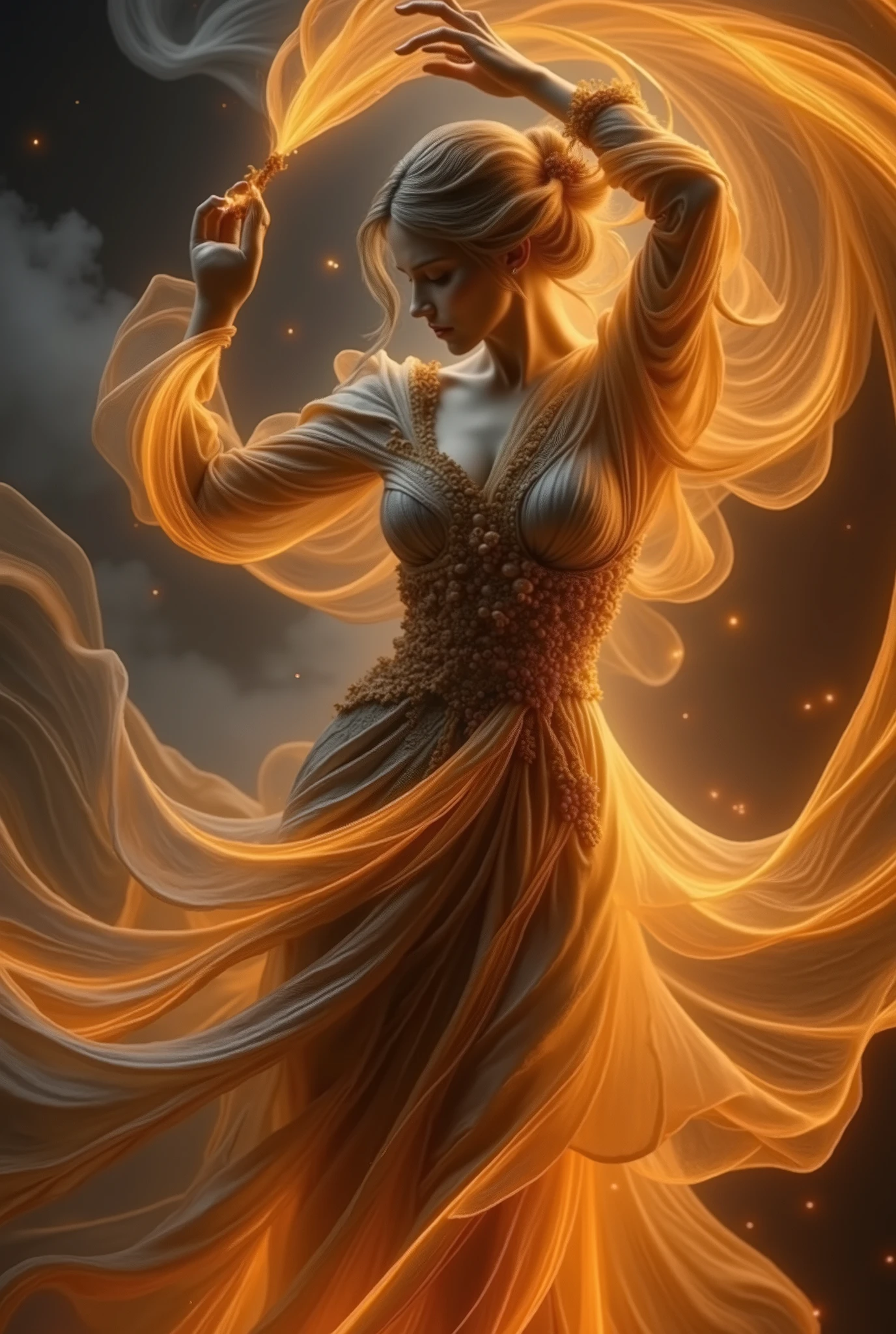 Re211. close-up do tronco .A hyper-realistic photograph of a powerful female character majestically commanding fire. Flames wrap around her in hypnotic, movimento fluido, your entire body in its embrace of fire. sua longa, flowing hair is elegantly attached, shining weakly from the intense brightness surrounding it.
With a hand raised above her head, it channels the brute force of fire with unwavering mastery, as your other hand delicately guides the spinning flames. Massive arches of fire that rotate and dance in accented hypnotic patterns, illuminating the room with golden tones Crimson. Embers crackle in the air, scattering radiant sparks, as heat waves twinkle, distorting the space around her.
Her intricately designed medieval dress, adorned with delicate patterns, shines under the fluctuating flames, your fabric subtly reflecting the infernal energy. The play of light and shadow carves depth into the scene — dramatic highlights mark the edges of the vortex of fire, while deep shadows intensify the cinematic mood. Dense smoke floats through the air, merging the raw elemental power of fire with the dreamlike energy of your presence. Photorealistic textures amplify each surface, from the molten embers to the distortion of shimmering heat, creating an immersive and breathtaking masterpiece.
The background is dark, The luminous golden color of the sculpture and the liquid, giving the image a striking and ethereal appearance. The overall composition conveys a sense of elegance, movimento, and artistic expression.