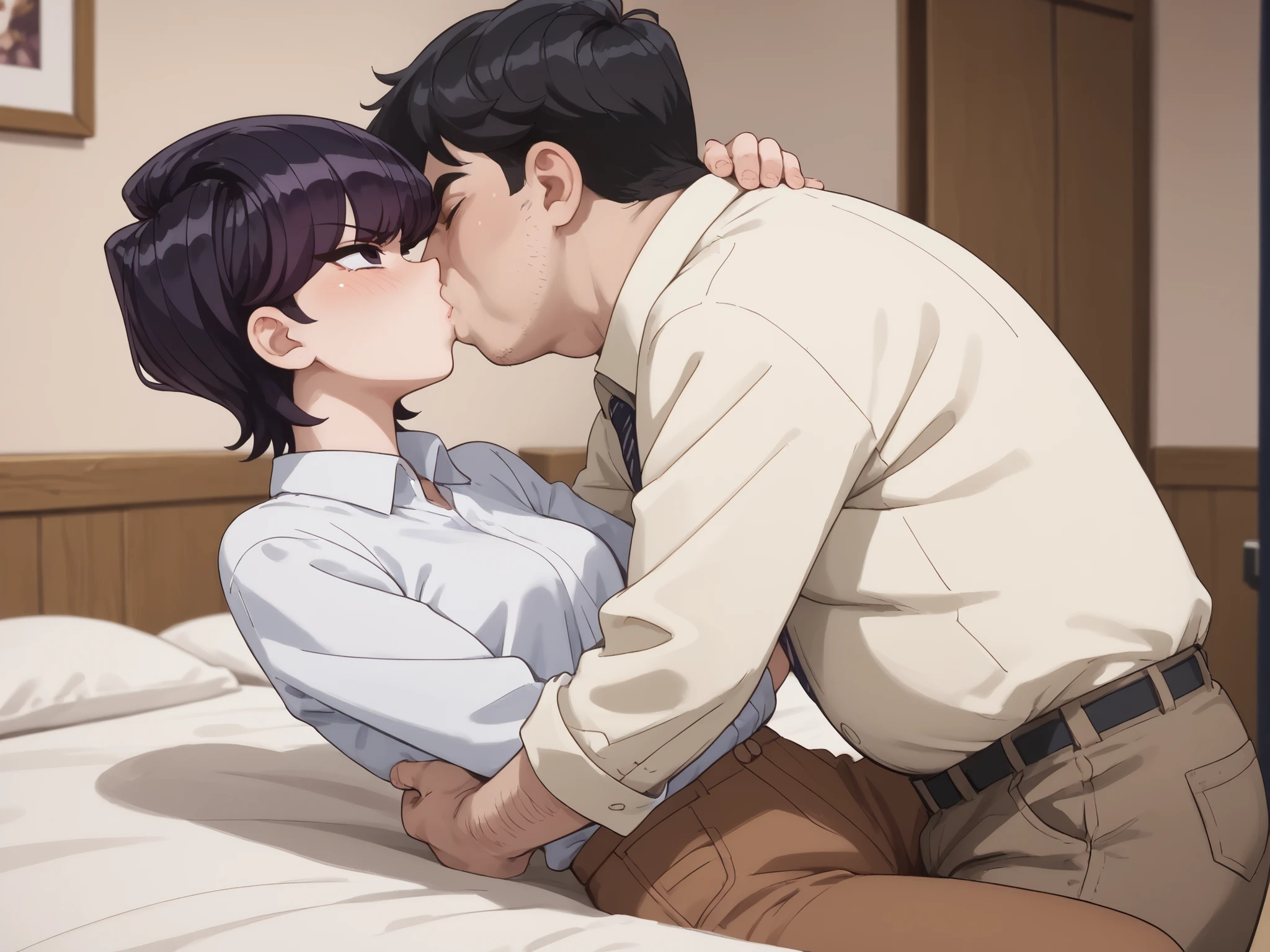 shuuko komi, short hair, black hair, black eyes, half-closed eyes, white shirt, long sleeves, denim, collared shirt, ((brown pants)), angry, medium breast, 1girl, fat man, room, bed, hug, uncensored, standing, kissing_Forced Struggle, upper body
