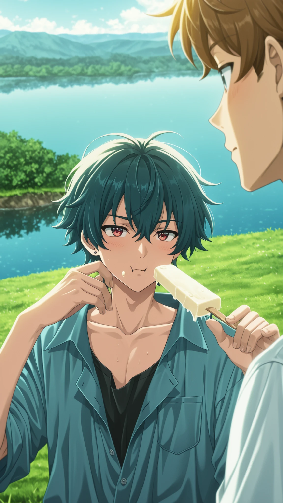 masterpiece, beautiful scene, high quality, male focus, BrantWUWA, 1boy, anime screencap, sunny day, eating ice cream at a lake side