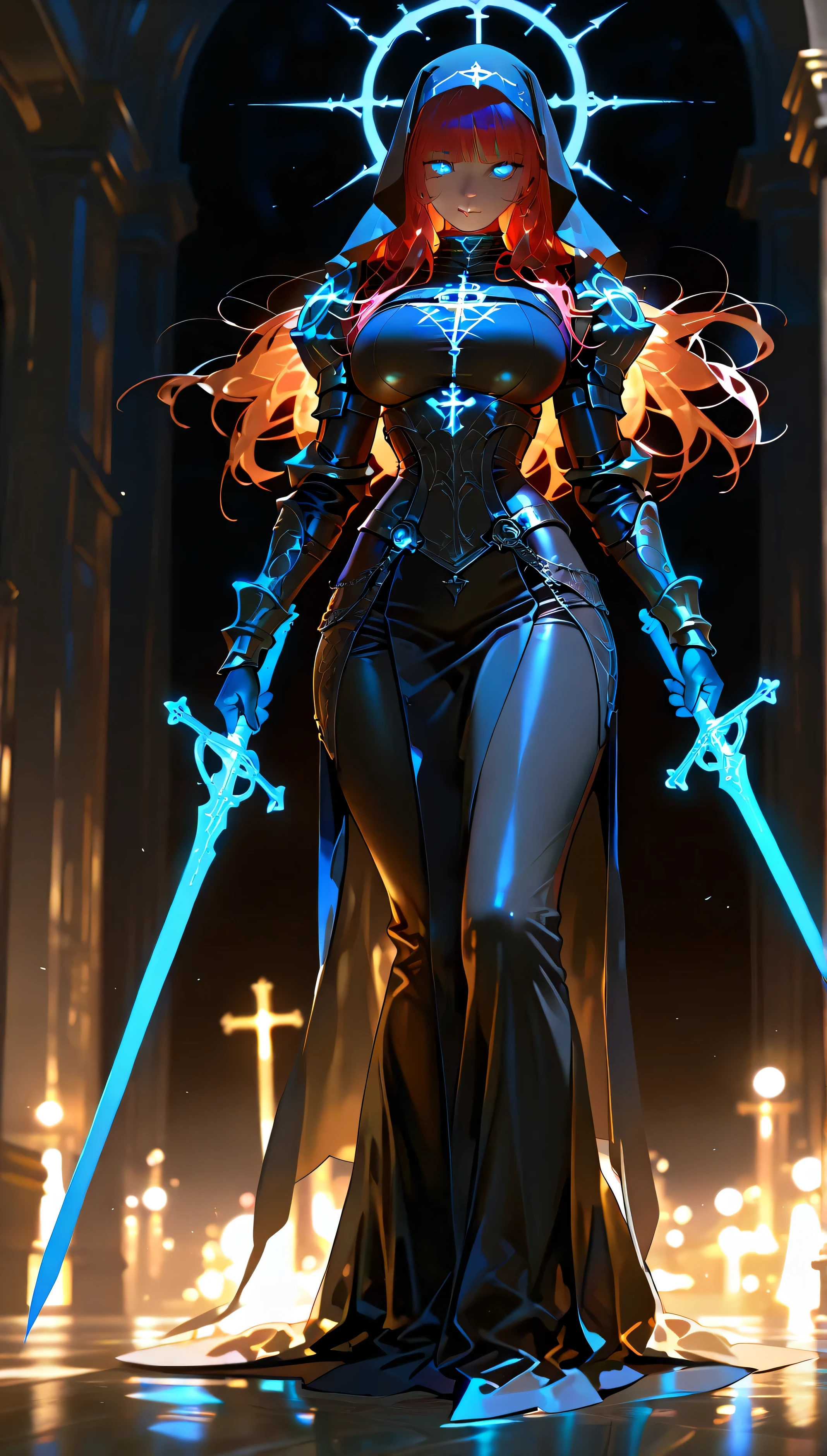 masterpiece, high quality, 4K HD, very aesthetic, 1 girl, long hair, nun, big breasts, dark background, photorealistic, free pose, blue glowing eyes, front bangs, (slim waist), wide hips, holding 1 sword, armor, full body