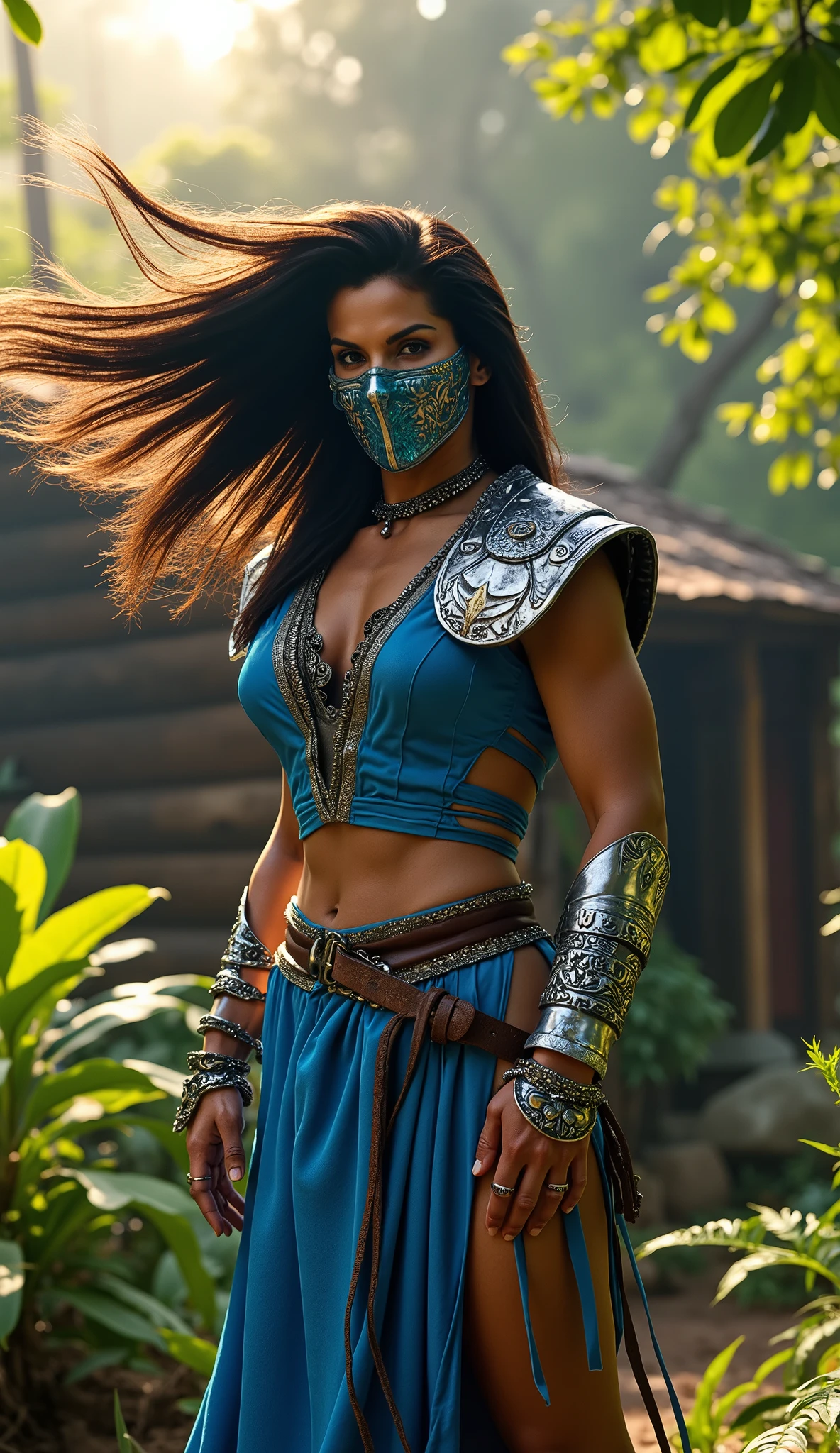Ultra-realistic 8K cinematic shot of Kitana from Mortal Kombat standing in front of a rustic wooden log cabin in a dense tropical jungle. Wearing her iconic blue battle outfit with hyper-detailed fabric textures, ornate silver armor accents, and leather straps. Her face is covered by a metallic blue mask with intricate tribal engravings, leaving only her piercing mystical blue eyes visible. Her flowing hair moves gently in the jungle breeze. In her hands, she holds her signature steel fans, each reflecting sunlight with sharp metallic details. A subtle aura of swirling wind surrounds her, lifting small leaves and dust into the air. Soft sunlight filters through the jungle canopy, ultra-detailed foliage, realistic shadows and highlights, cinematic depth of field, photorealistic lighting, high dynamic range.