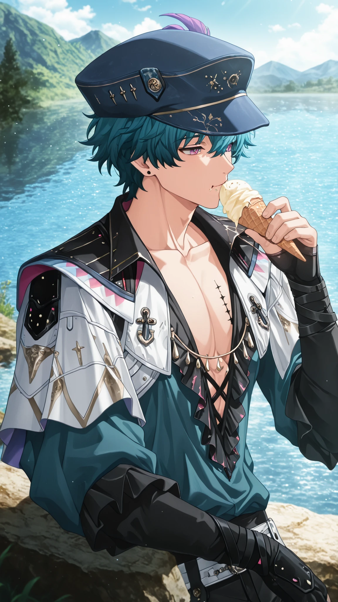 masterpiece, beautiful scene, high quality, male focus, BrantWUWA, 1boy, anime screencap, ((wuthering waves, Brant, man, male)), wearing clothes that fit the character in the game, original characters hair and eye color, wearing original characters hat, sunny day, eating ice cream at a lake side, enjoying the ice cream