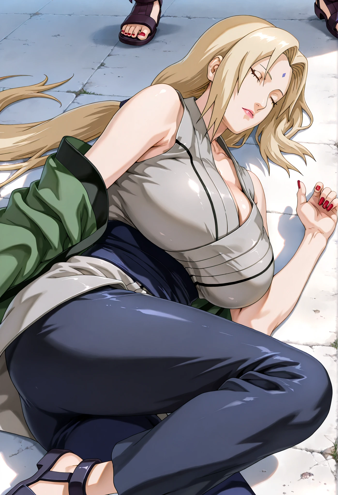 score_9, score_8_ up, score_7_ up,
ツ, Raikage、Tsunade、one person; alone, Naruto、Mature Woman, alone, Tsunade ( Naruto), ( Disconnect (Year )), blondes, Lost Tales , Mark on the forehead, brown eyes, Big Breasts , gray kimono, sleeveless kimono , Shoulder-Out, nail polish , red nails, 3/4 length navy blue pants 、(RaikageとTsunadeがキス)
make up,
Serious, No々Kiss,
white background , simple background, perfect lighting , From fully visible 、 off shoulder 、(laying side way on the ground; eyes closed; emotionless facial expression), (legs, shoes; toes exposed)