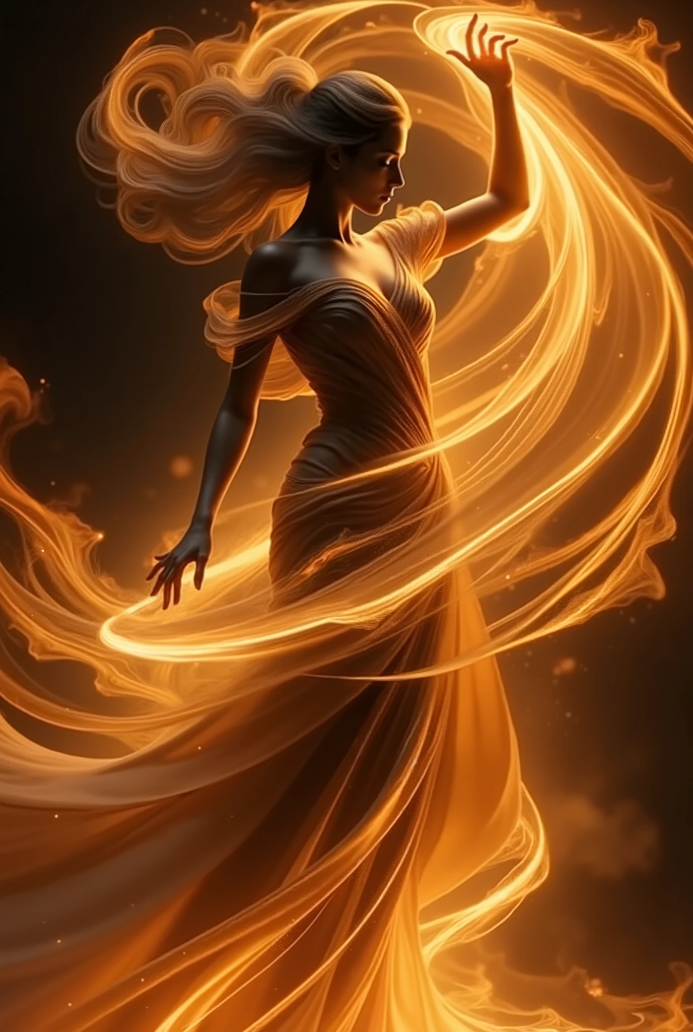 Re211. close-up do tronco .A hyper-realistic photograph of a powerful female character majestically commanding fire. Flames wrap around her in hypnotic, movimento fluido, your entire body in its embrace of fire. sua longa, flowing hair is elegantly attached, shining weakly from the intense brightness surrounding it.
With a hand raised above her head, it channels the brute force of fire with unwavering mastery, as your other hand delicately guides the spinning flames. Massive arches of fire that rotate and dance in accented hypnotic patterns, illuminating the room with golden tones Crimson. Embers crackle in the air, scattering radiant sparks, as heat waves twinkle, distorting the space around her.
Her intricately designed medieval dress, adorned with delicate patterns, shines under the fluctuating flames, your fabric subtly reflecting the infernal energy. The play of light and shadow carves depth into the scene — dramatic highlights mark the edges of the vortex of fire, while deep shadows intensify the cinematic mood. Dense smoke floats through the air, merging the raw elemental power of fire with the dreamlike energy of your presence. Photorealistic textures amplify each surface, from the molten embers to the distortion of shimmering heat, creating an immersive and breathtaking masterpiece.
The background is dark, The luminous golden color of the sculpture and the liquid, giving the image a striking and ethereal appearance. The overall composition conveys a sense of elegance, movimento, and artistic expression.