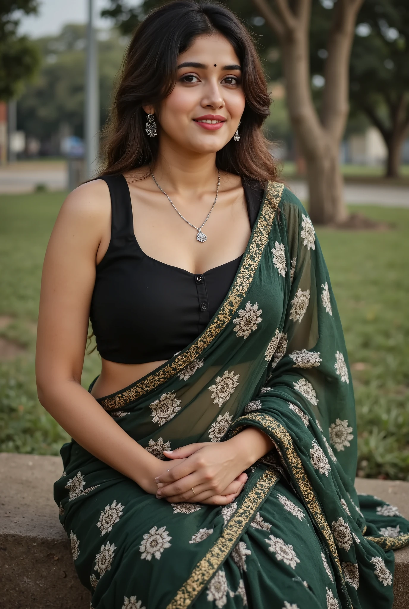 A beautiful big breast Indian woman sitting on park, dressed in a traditional black and green salwar suit with white geometric block prints and golden border accents. She holds the matching dupatta gently in front of her with both hands. Her hair is tied up in a stylish bun with soft fringes falling on her forehead. She wears silver jhumka earrings,, and a delicate chain necklace. The blur background. Trees grass park Her expression is happy, exuding a traditional yet modern charm.