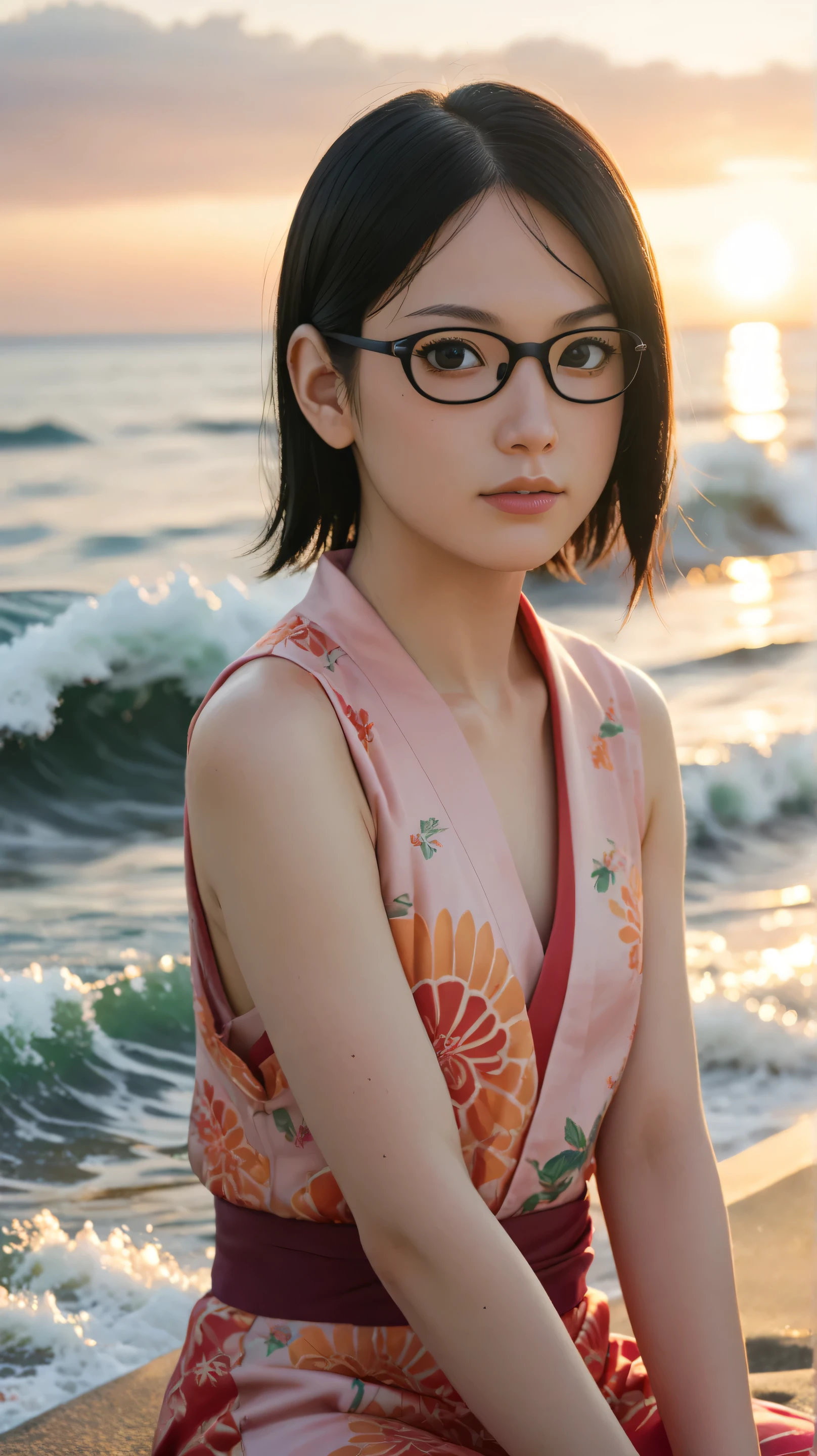 1girl, solo,sarada uchiha,black eyes,black hair,buzz-cut hair,outdoors,potrait,small breast,nature,sitting on water,navel,sleeveless kimono,wear glasses,(sunset lighting:1.5),sunset,bare looking at viewer, beach,(big wave:1.5), front view
