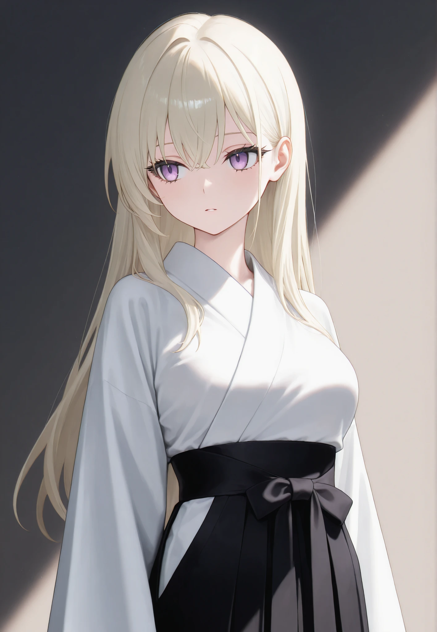 masterpiece, newest, best resolution, good quality, good lighting, safe. beautiful, adult, anime, good anatomy, . long hair, light ash blonde hair. purple eyes, dark eyelashes, piel clara, slim build, Medium Breasts Size D. woman is 20 years old, measures 1'65 cm. Alone, looking at the spectator. Simple background. wearing clothes: white kimono and black hakama.