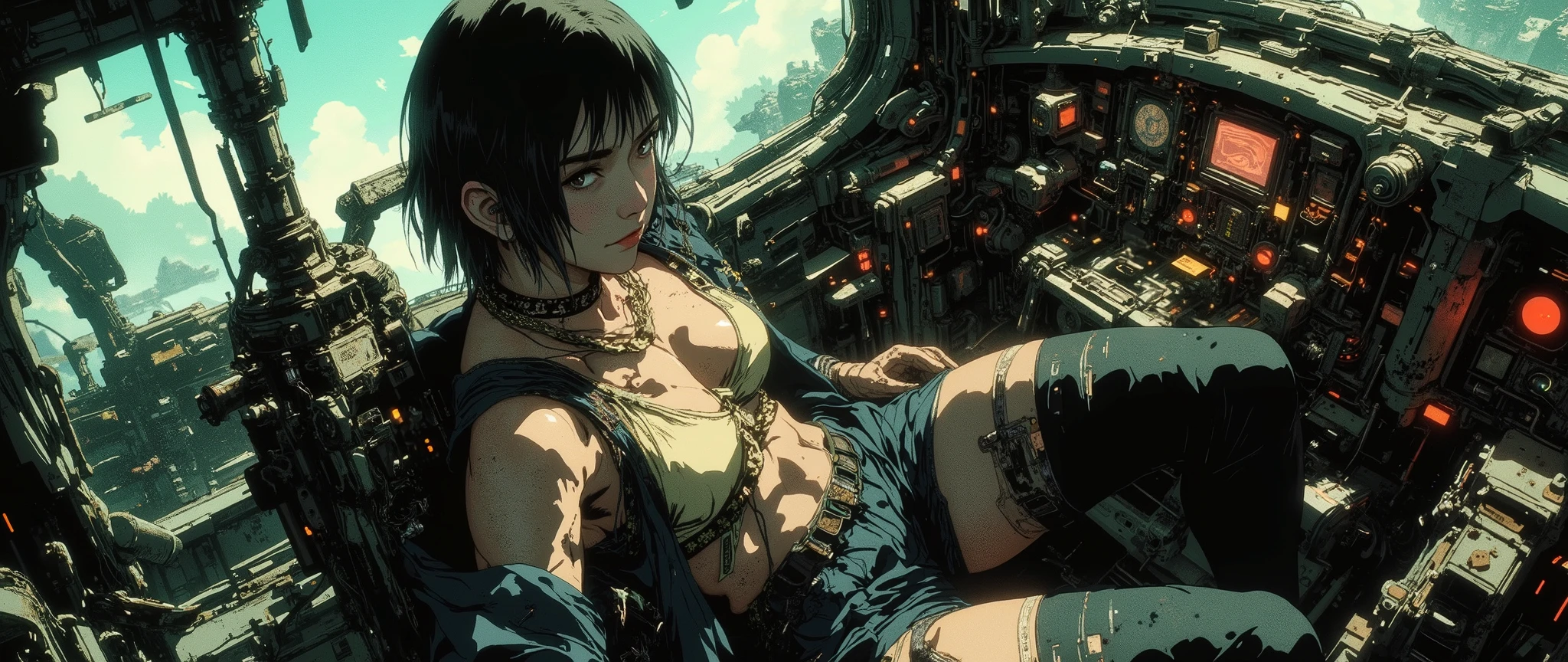 [[Anime Scene]] [[Anime Background]] A masterpiece, very current, high quality, 90s style anime scene, with a dark and retro atmosphere, inspired by 90s anime. [[High angle]] From above, a view of the ceiling - the camera captures a very beautiful young woman seen from above, she is wearing short denim blue cloth shorts with bare legs and black leggings, she has short brown hair, she is wearing a navy blue vest with a beige bra underneath. She has a beautiful and sexy body. She is operating a spaceship control panel with many buttons and monitors, she is sitting in a [[Cyberpunk futuristic cockpit]] pilot's chair. The interior of the spaceship is inspired by retro sci-fi and cyberpunk anime. [[ Ceiling shot ]] [[ High angle shot ]] [[ Top view ]] The background is dark and dimly lit, with an anime-style backdrop and 32k cel tone. The rendering is in the style of the anime series Vampire Hunter: Bloodlost and Blame and Black Lagoon. Exposed wires. The ship has a steampunk style. Straight, linear walls, inspired by post-apocalyptic spaceships.