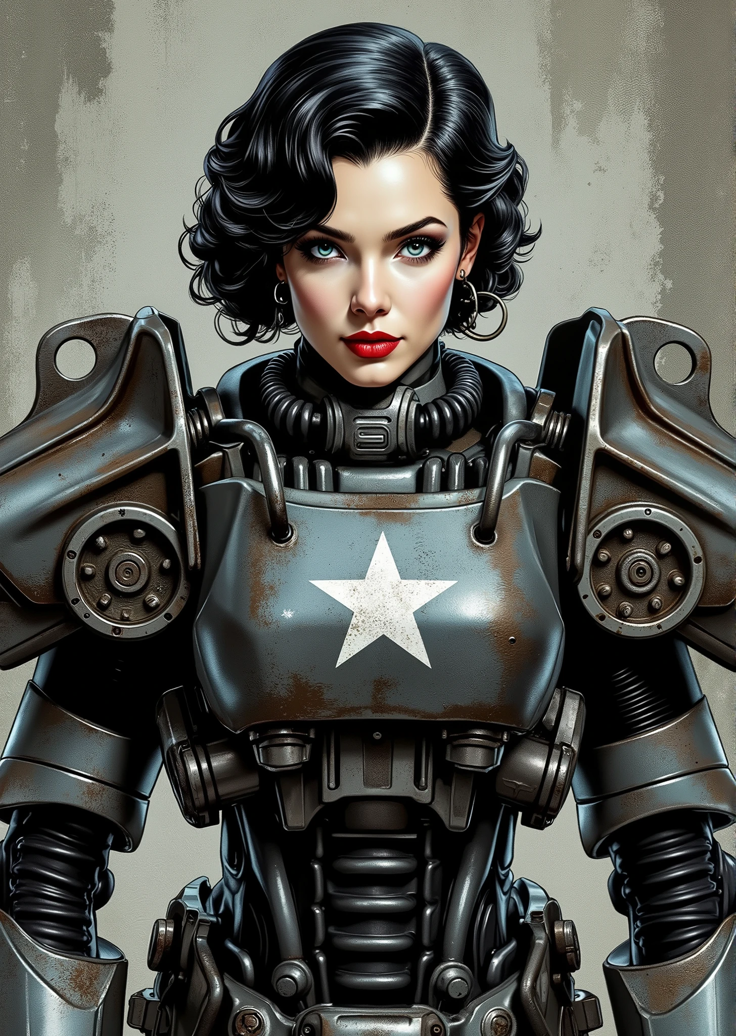 3/4 body shot, armor, t60, robot, An extremely detailed comic book illustration depicting a stunningly beautiful character portrayed by youthful baby faced Gene Tierney nineteen years old wearing a retro 50s T-60 power armor mechanized combat suit from the Fallout Video Game setting the armor features a dark metallic exterior with black interior padding with an emblem on the chest plate showing what appears to be a star in white paint suggesting this might be part of a military or faction insignia the armor has a distinctive design with various mechanical components plates and joints visible the character is framed within the bulky armor which has a worn utilitarian aesthetic typical of post-apocalyptic or military science fiction settings with the helmet off to reveal her face whose overall look combines vintage pin-up with modern Rockabilly fashion and alternative accessories in a 50s meets the post apocalypse vibe wearing bold classic red lipstick caked on white foundation making her appear incredibly pale in a classic vintage-style makeup with defined eyebrows and dramatic eye makeup with a short black curled hairstyle with vintage 1950s-inspired waves and voluminous styling typical of the era whose cut and styling are reminiscent of classic 1950s pin-up glamour meets alternative fashion with tattoos piercings and alternative accessories in an art style inspired by Frank Miller and Conan the Barbarian. She has an expression between kind and confident. Her blue eyes are warm and her smile is motherly and compassionate. The background is awash in brushstrokes in shades of concrete grey. The level of detail and the emotive, expressive quality of the character's face create a compelling almost cinematic portrait of a complex multifaceted individual. The image evokes a sense of strength, compassion, and a desire to protect her people, making the subject a visually striking and captivating heroic figure. Standing in a dynamic action pose. Trending on Art Station.