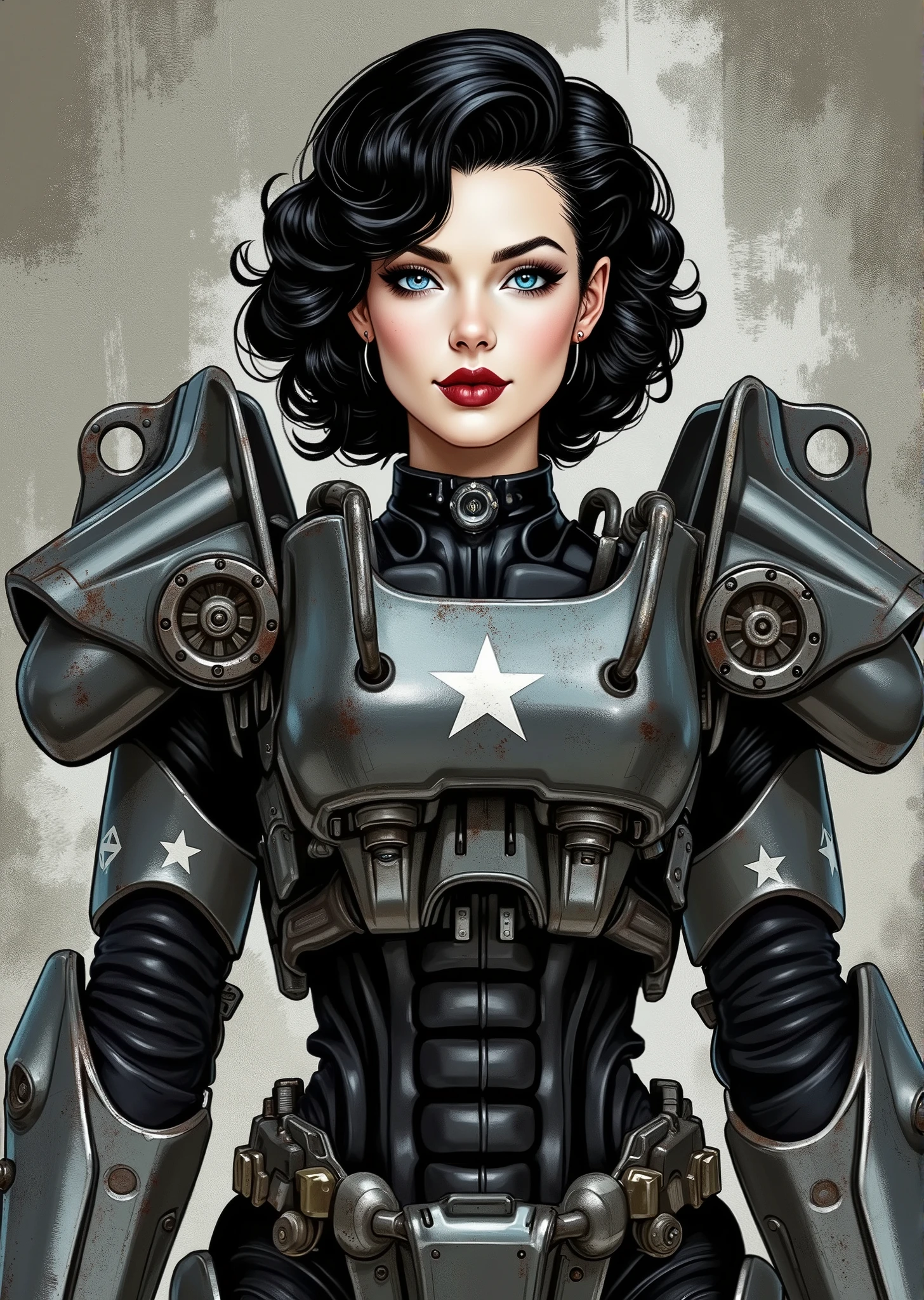 3/4 body shot, armor, t60, robot, An extremely detailed comic book illustration depicting a stunningly beautiful character portrayed by youthful baby faced Gene Tierney nineteen years old wearing a retro 50s T-60 power armor mechanized combat suit from the Fallout Video Game setting the armor features a dark metallic exterior with black interior padding with an emblem on the chest plate showing what appears to be a star in white paint suggesting this might be part of a military or faction insignia the armor has a distinctive design with various mechanical components plates and joints visible the character is framed within the bulky armor which has a worn utilitarian aesthetic typical of post-apocalyptic or military science fiction settings with the helmet off to reveal her face whose overall look combines vintage pin-up with modern Rockabilly fashion and alternative accessories in a 50s meets the post apocalypse vibe wearing bold classic red lipstick caked on white foundation making her appear incredibly pale in a classic vintage-style makeup with defined eyebrows and dramatic eye makeup with a short black curled hairstyle with vintage 1950s-inspired waves and voluminous styling typical of the era whose cut and styling are reminiscent of classic 1950s pin-up glamour meets alternative fashion with tattoos piercings and alternative accessories in an art style inspired by Frank Miller and Conan the Barbarian. She has an expression between kind and confident. Her blue eyes are warm and her smile is motherly and compassionate. The background is awash in brushstrokes in shades of concrete grey. The level of detail and the emotive, expressive quality of the character's face create a compelling almost cinematic portrait of a complex multifaceted individual. The image evokes a sense of strength, compassion, and a desire to protect her people, making the subject a visually striking and captivating heroic figure. Standing in a dynamic action pose. Trending on Art Station.