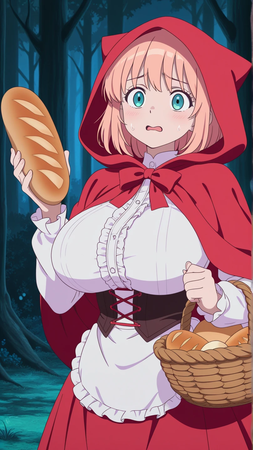 (masterpiece), (best quality), (ultra-detailed), (illustration), (an extremely delicate and beautiful), sagging breasts, disproportionate breasts, 1girl, solo, breasts, looking at viewer, blush, bangs, skirt, large breasts, dress, bow, holding, cleavage, closed mouth, standing, yellow eyes, pink hair, pantyhose, cowboy shot, outdoors, frills, food, sleeveless, day, hood, bowtie, mole, apron, tree, black pantyhose, black bow, fruit, red skirt, grass, nature, white apron, hood up, forest, mole on breast, brown pantyhose, black bowtie, apple, basket, red capelet, hooded capelet, holding basket, red hood, skirt lift by myself, very short pleated miniskirt,