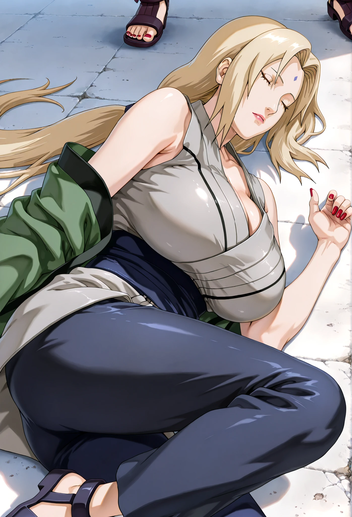 score_9, score_8_ up, score_7_ up,
ツ, Raikage、Tsunade、one person; alone, Naruto、Mature Woman, alone, Tsunade ( Naruto), ( Disconnect (Year )), blondes, Lost Tales , Mark on the forehead, brown eyes, Big Breasts , gray kimono, sleeveless kimono , Shoulder-Out, nail polish , red nails, 3/4 length navy blue pants 、(RaikageとTsunadeがキス)
make up,
Serious, No々Kiss,
white background , simple background, perfect lighting , From fully visible 、 off shoulder 、(laying side way on the ground; eyes closed; emotionless facial expression), (legs, shoes; toes exposed)