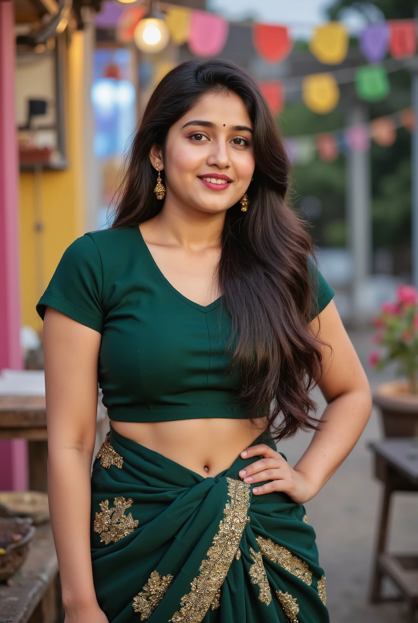 A cheerful young Indian big breast girl posing confidently outdoors. She is wearing a stylish deep green traditional outfit with a fitted blouse and flared traditional saree Her hair is neatly tied back in a ponytail. She accessorizes with gold jhumka earrings. Her expression is bright and joyful, with a soft smile. The colorful blurred background adds a festive and vibrant atmosphere to the image."