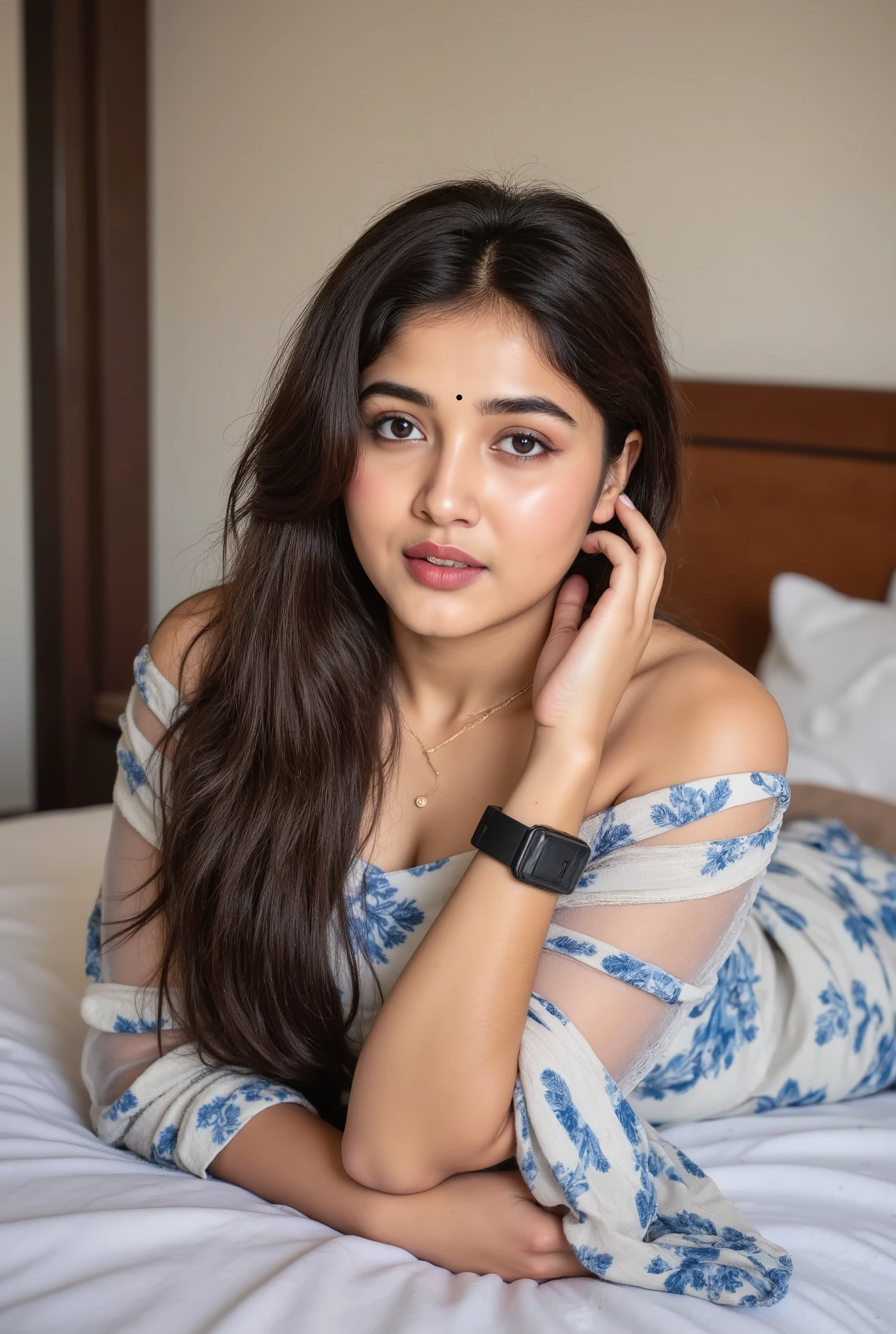 A shy young Indian big breast woman lying on a bed in a stylish pose, wearing a beautiful white and blue printed kurti. Her hair is braided, she is wearing a smartwatch on her wrist and a delicate necklace. She has a confident and composed expression. The room is well-lit with a clean and simple background, highlighting her blend of traditional and modern style."
