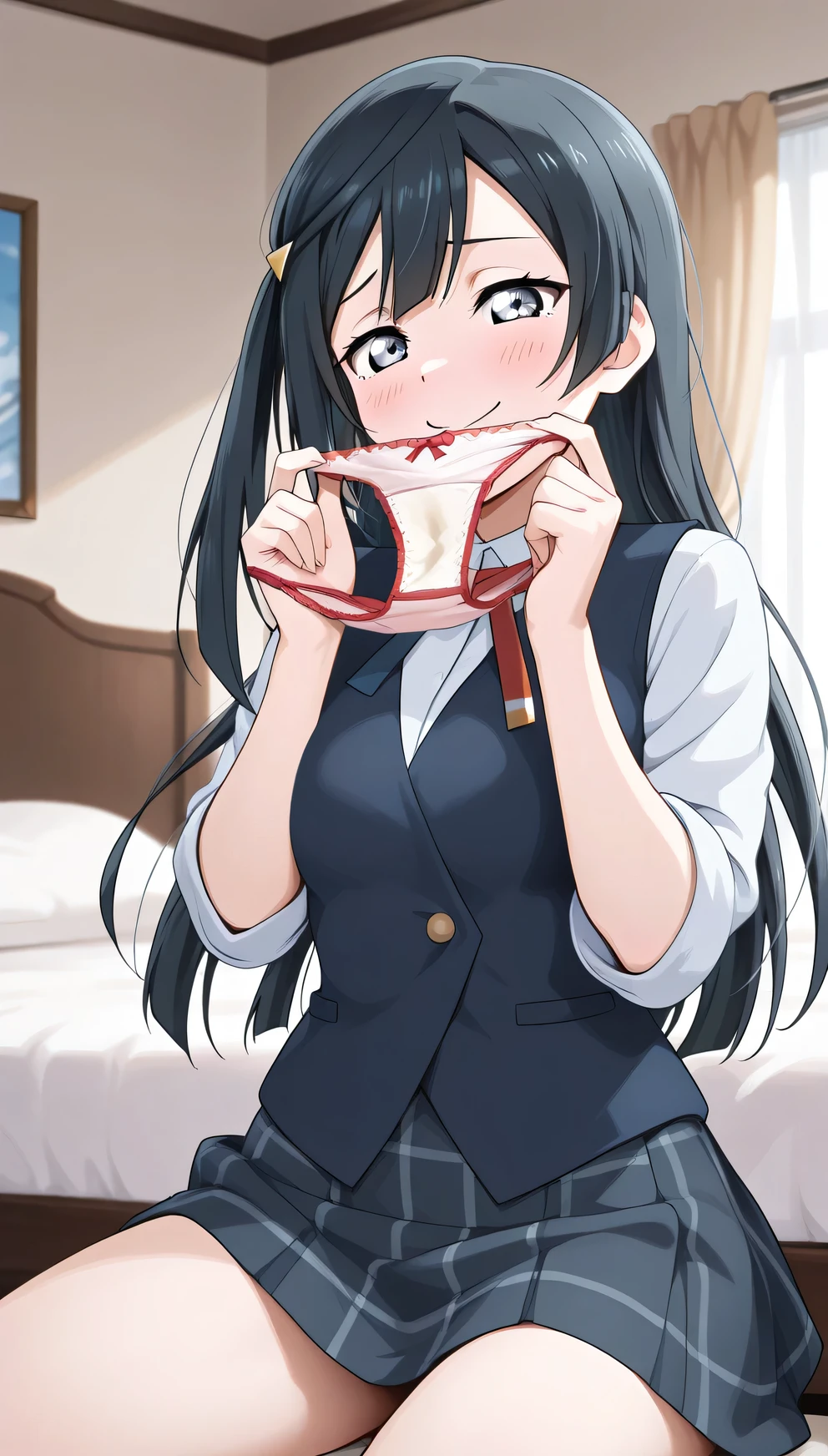 An image of Yuki Setsuna, smug look , white shirt, Blue vest , foldable short skirt, school uniform, thin waist, room , holding and smelling panties with both hands, stained panties, The back of the panties
