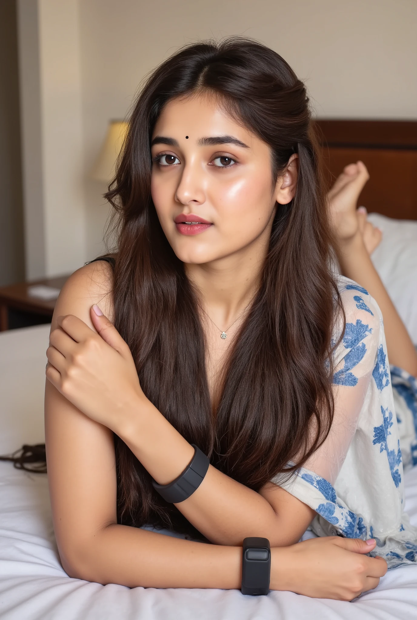 A shy young Indian big breast woman lying on a bed in a stylish pose, wearing a beautiful white and blue printed kurti. Her hair is braided, she is wearing a smartwatch on her wrist and a delicate necklace. She has a confident and composed expression. The room is well-lit with a clean and simple background, highlighting her blend of traditional and modern style."