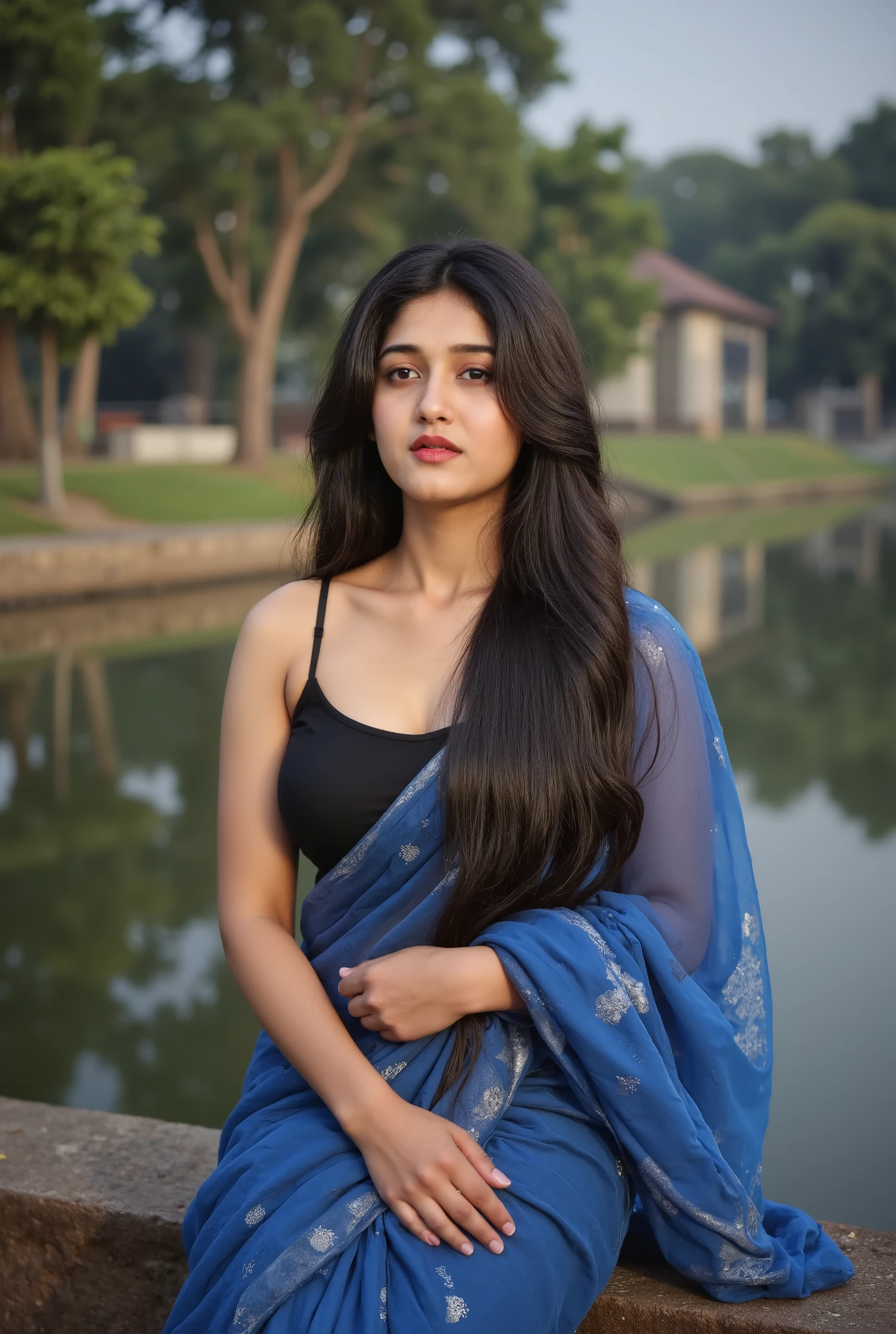 "A beautiful Indian big breast girl with wet hair, wearing a blue black traditional saree , sitting by a serene lake. She looks calm and thoughtful, with a natural expression. The background features lush greenery and soft reflections in the water, creating a peaceful and romantic outdoor atmosphere.