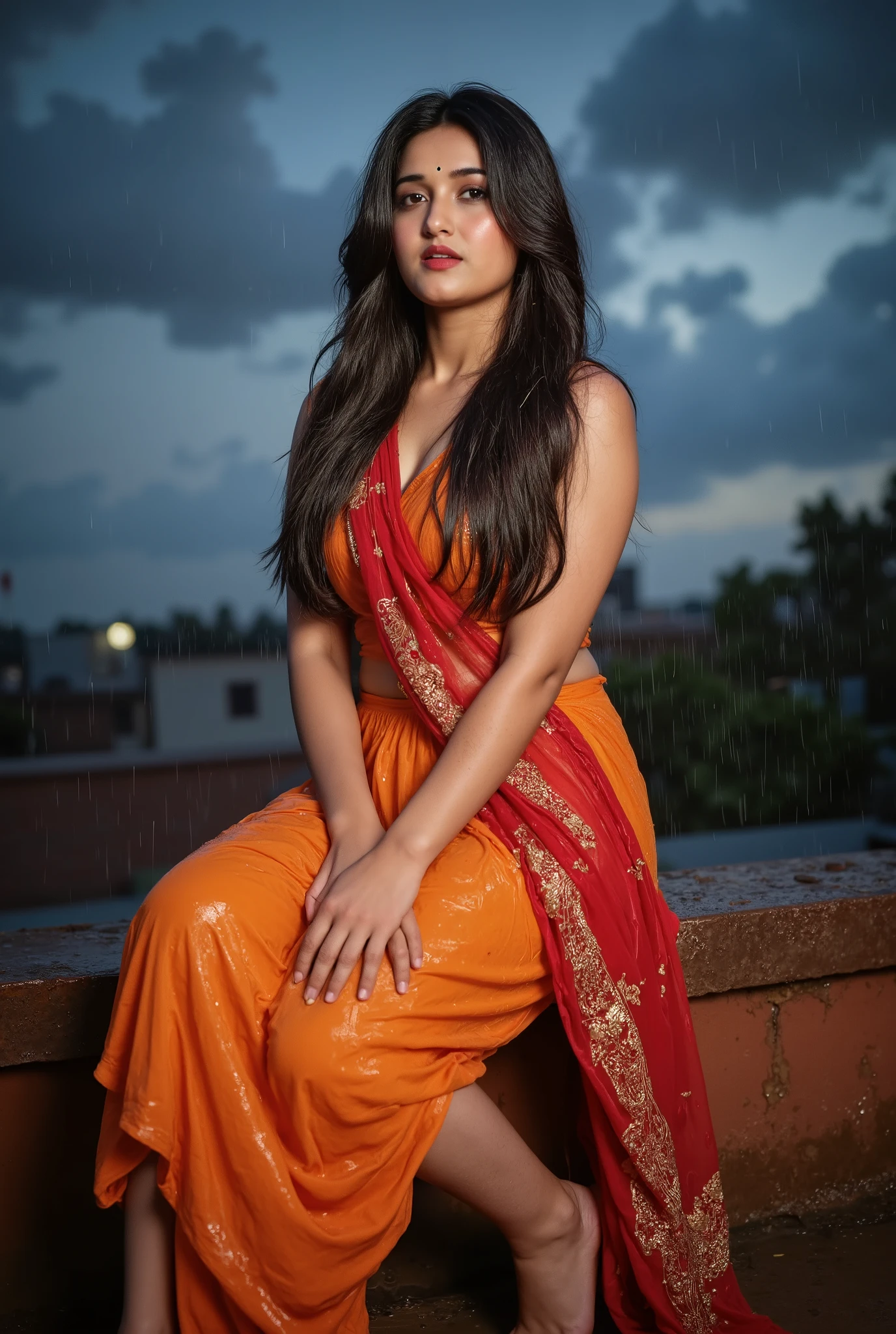 "A young Indian woman sitting on a rooftop during a rainfall, wearing a vibrant orange salwar suit with a red dupatta draped around her neck. She is completely drenched, with her wet clothes clinging to her body, highlighting her graceful figure. She wears traditional anklets (payal) on her feet. The woman strikes a bold and sensual pose, her long hair dripping with rainwater. Dark clouds fill the sky, and raindrops fall heavily around her, creating a dramatic, romantic, and cinematic atmosphere."