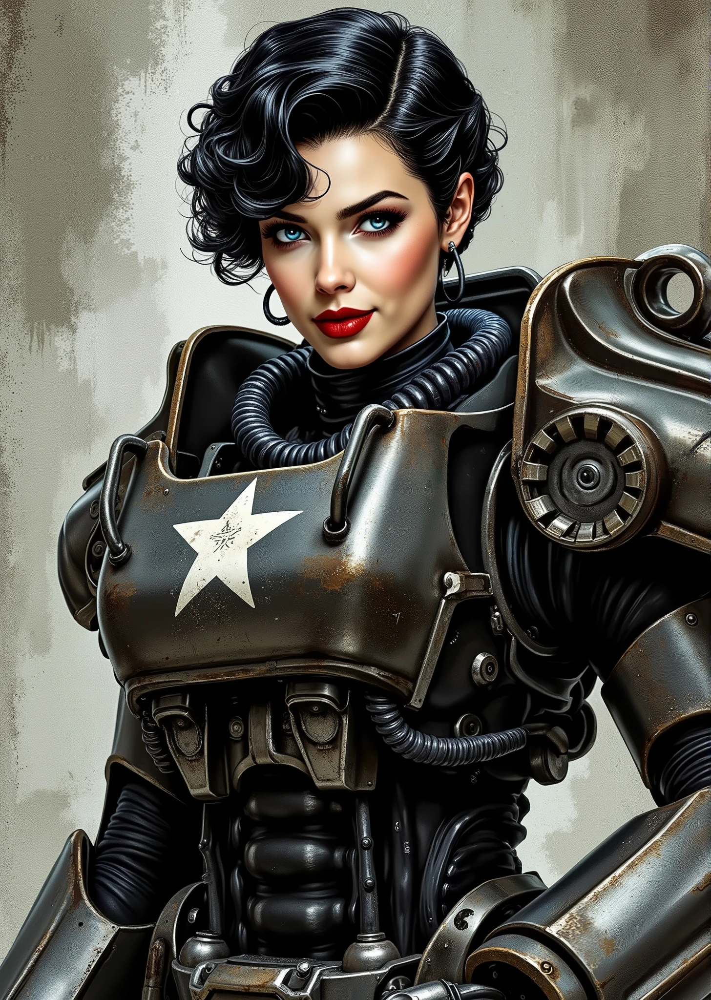 3/4 body shot, armor, t60, robot, An extremely detailed comic book illustration depicting a stunningly beautiful character portrayed by youthful baby faced Gene Tierney nineteen years old wearing a retro 50s T-60 power armor mechanized combat suit from the Fallout Video Game setting the armor features a dark metallic exterior with black interior padding with an emblem on the chest plate showing what appears to be a star in white paint suggesting this might be part of a military or faction insignia the armor has a distinctive design with various mechanical components plates and joints visible the character is framed within the bulky armor which has a worn utilitarian aesthetic typical of post-apocalyptic or military science fiction settings with the helmet off to reveal her face whose overall look combines vintage pin-up with modern Rockabilly fashion and alternative accessories in a 50s meets the post apocalypse vibe wearing bold classic red lipstick caked on white foundation making her appear incredibly pale in a classic vintage-style makeup with defined eyebrows and dramatic eye makeup with a short black curled hairstyle with vintage 1950s-inspired waves and voluminous styling typical of the era whose cut and styling are reminiscent of classic 1950s pin-up glamour meets alternative fashion with tattoos piercings and alternative accessories in an art style inspired by Frank Miller and Conan the Barbarian. She has an expression between kind and confident. Her blue eyes are warm and her smile is motherly and compassionate. The background is awash in brushstrokes in shades of concrete grey. The level of detail and the emotive, expressive quality of the character's face create a compelling almost cinematic portrait of a complex multifaceted individual. The image evokes a sense of strength, compassion, and a desire to protect her people, making the subject a visually striking and captivating heroic figure. Standing in a dynamic action pose. Trending on Art Station.