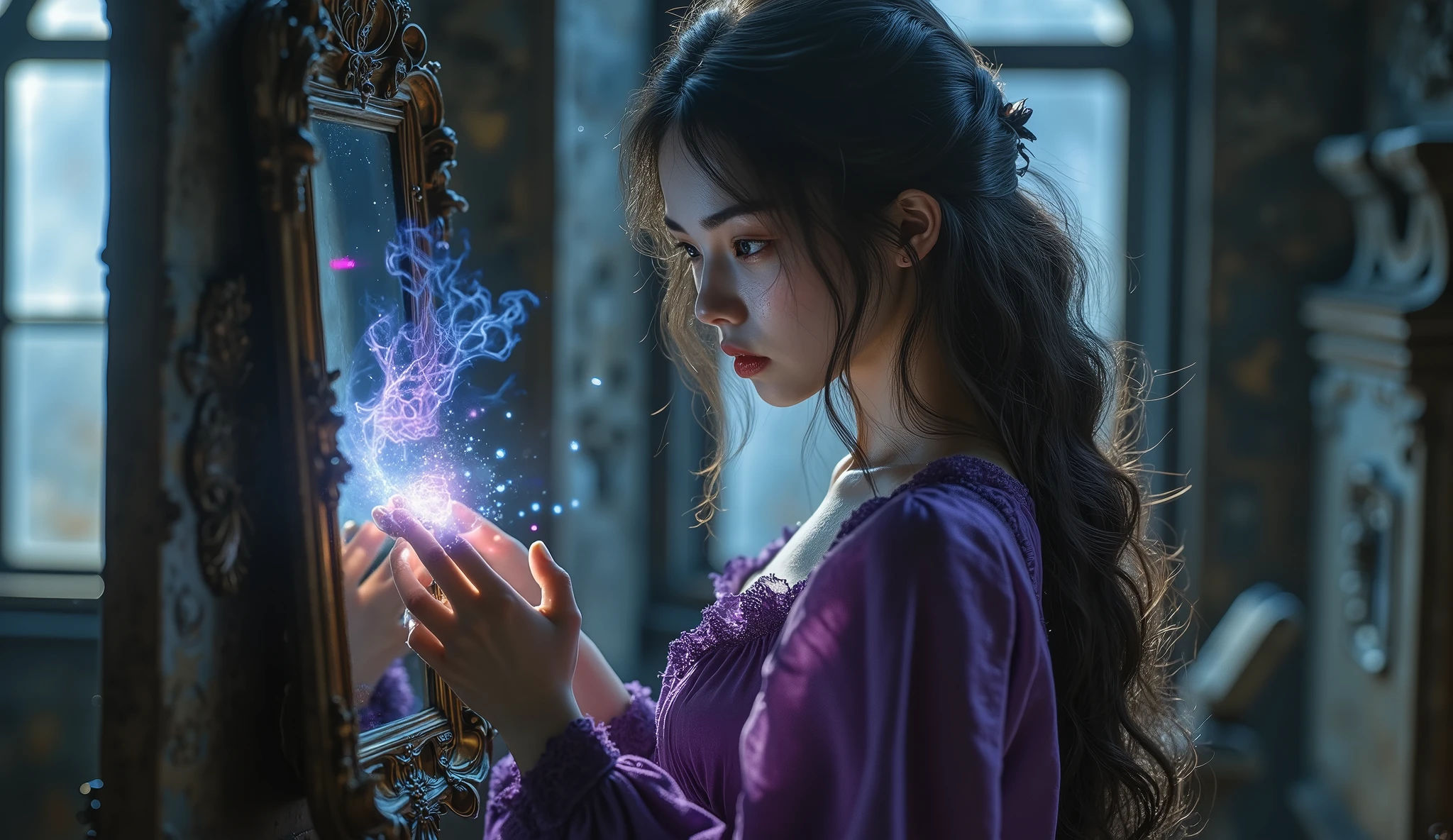 Highlight the mirror, HKMAGIC, The Dark Witch (Dark Side, Age 27 years old , My skin is white, A dark energy flaw , shabby silk robe violet trim ) dark energy dwells in her eyes and hands , Looking at herself in the mirror . She finds the light that exists within her, Ancient Ruins Portal , she gives off energy, It moves through space, Twilight, your essence in the mirror, and look at the light side