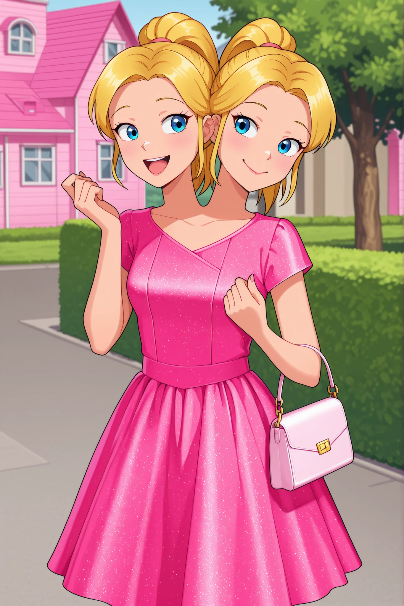 conjoined, anime girl with two heads, barbie, blonde hair, ponytail, blue eyes, happy, right head's mouth open and left head's mouth closed, pink dress, holding a handbag, front yard of pink house, suburban, solo