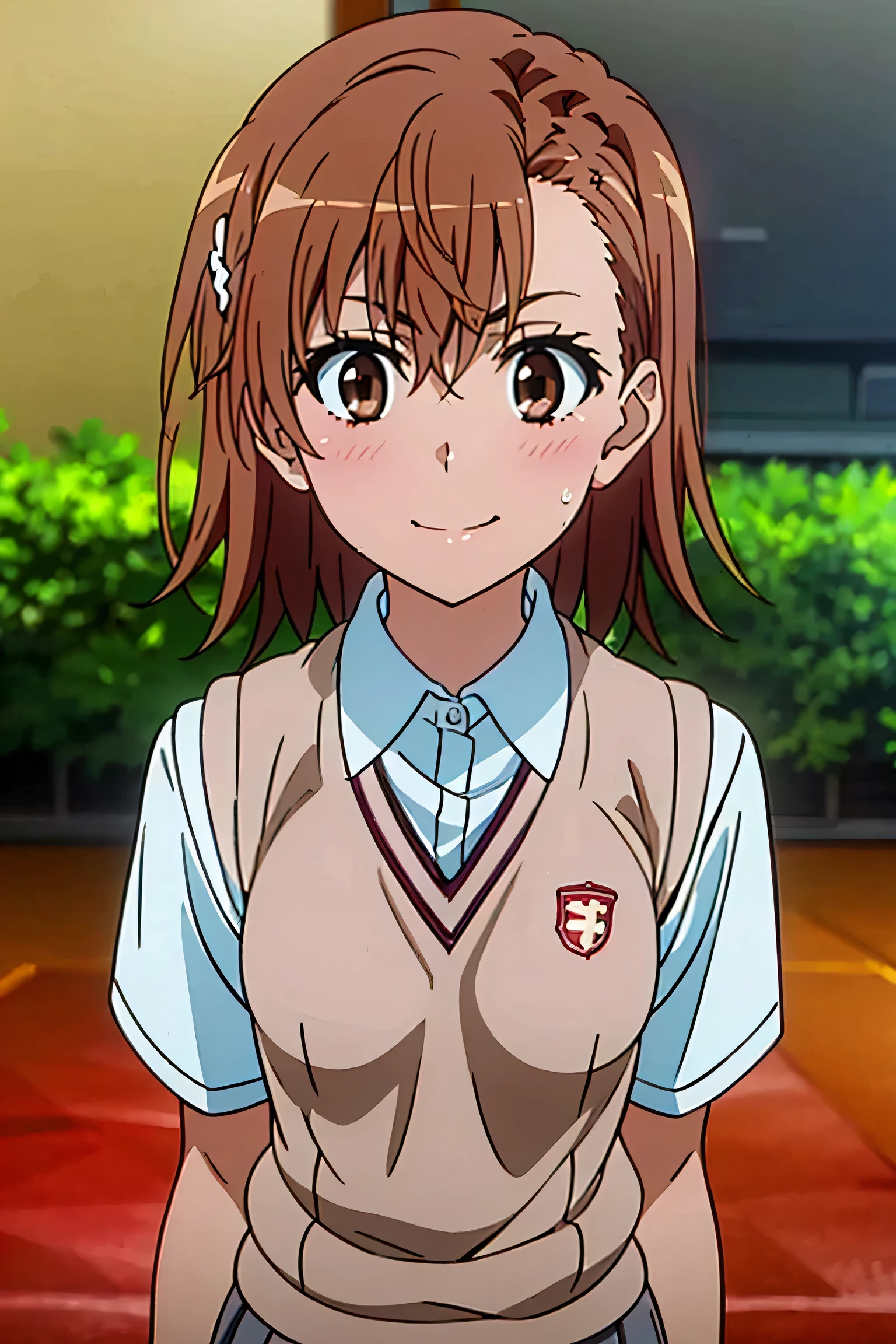(masterpiece, best quality, high resolution, 8k:1.2), (anime coloring:1.2), perfect character design, official art, highly detailed CG Unity 8K wallpaper, perfect face, perfect eye, perfect hair style, perfect body, beautiful body, beautiful skin, beautiful , beautiful legs, beautiful hands, perfect hands, beautiful finger, beautiful face, beautiful eyes, symmetrical eyes, slim body, (1 girl), (misaka mikoto, brown eyes), (small ), (brown hair, short hair, bangs, eyebrows visible through hair, hairpin), (tokiwadai school uniform, white shirt, short sleeves, (sweater vest, v-neck), (gray skirt, pleated skirt, mini skirt)), smile, (upper body), (looking at the viewer),