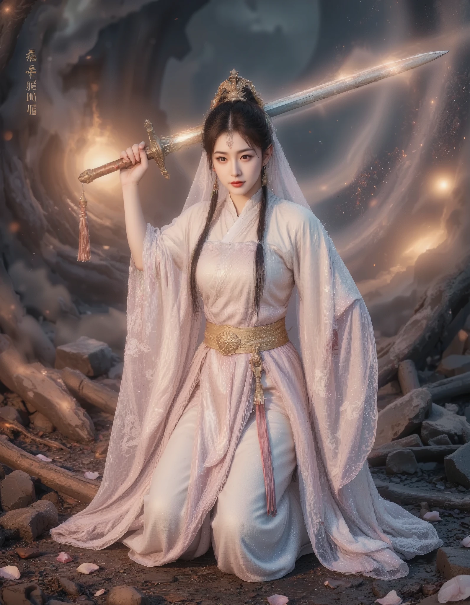 (masterpiece after sex, best quality, DSYS Super East, South, West, and North:1.3), A stunning Chinese female special forces Glory Star Lord,Ancient costume fairy drama《Canglan tips》Styled,Played by mainland Chinese female actress Chen Duling。Resembling Chen Duling, Dressed in a blood-stained white robe, Wearing a golden tassel hairpin and an exquisite, transparent veil, Veil and black hair flutter in the wind, Through the thin fabric, her eyes, full of pity and determination, can be seen, A trace of blood on the corner of her lips。She half-knelt on the ruined battlefield,Left hand supports the sword to steady the body,Right hand holds high a glowing long sword,The blade sliced through the air, splashing blood and petals,Robe flutters in the wind,A fairy mist lingers behind her,The film lights show dramatic motion blur,Exuding a mysterious and ethereal fairy spirit and tragic beauty