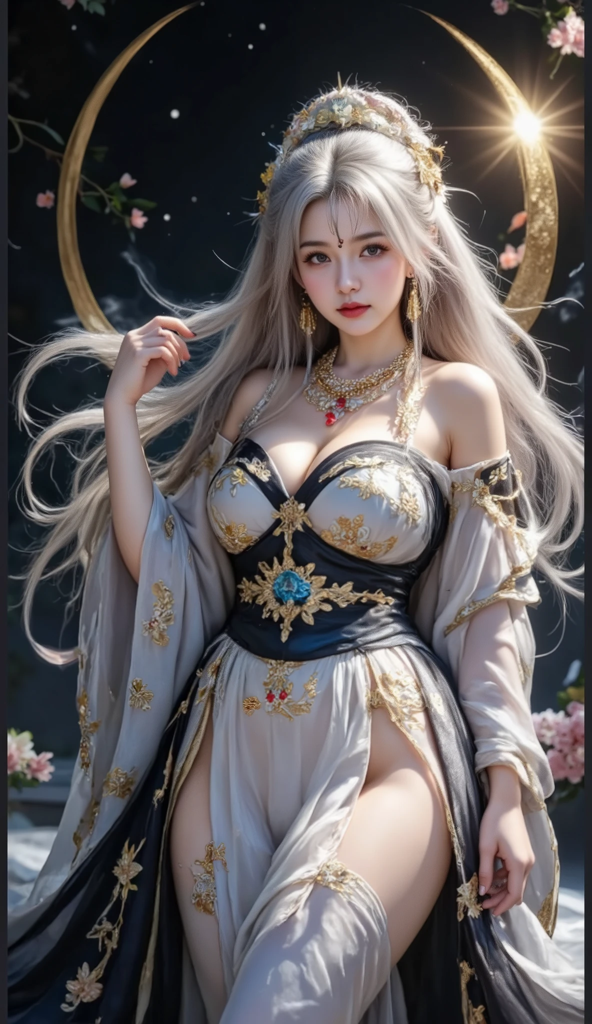 Super high quality, Masterpiece, perfectly illustrated , very detailed (Beautiful light and shadow, Very dramatic photo,backlight) , ((gray hair:1.5)) 1 girl, lonely, (Adoration dressing, royal 、 Hanfu black and white ,thick fabric, long sleeves ) flower field, flowers , ( White smoke 、crescent moon:1.3) (reality), Zen Intertwining, tangled , official art, unity 8k wallpaper, very detailed, Nice and beautiful, Masterpiece, Highest Quality, (dynamic view: 1.4), smooth luminous skin, (Colorful shimmering light: 1) The most beautiful chaotic shapes, elegant, violent design , brilliant color, exotic romantic depth of field_dancing, half_Dark green hair、((off shoulder、dolphin、ruby necklace))( from behind :1.4,Butt slightly exposed、Legs wrapped in socks)