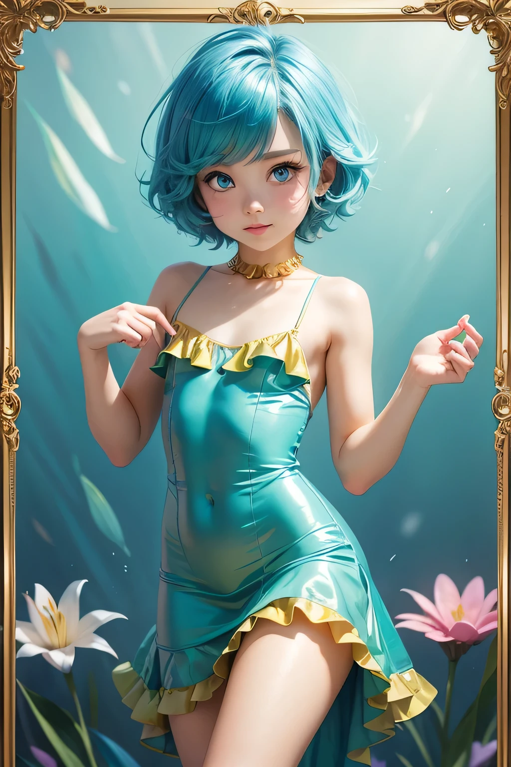 Femboy,otoko no ko,((flat chest)),(blue Aqua) hair, (short hair), blue eyes,cute face, shy face,smooth skin, hot body, gold frilled dress, short dress, rainbow dress, hot pose, sexy fose,  lily background golden frame 