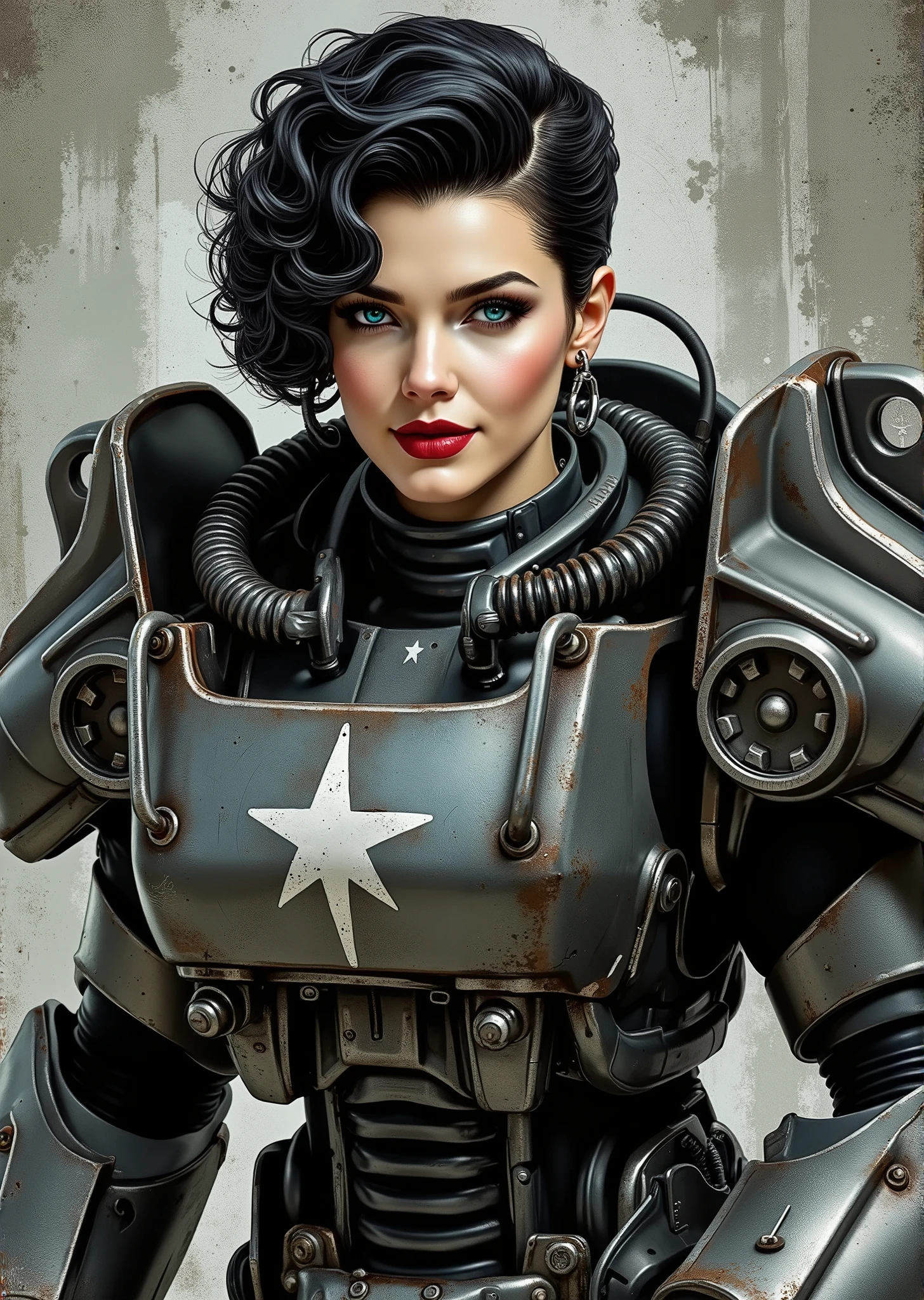 full body shot, armor, t60, robot, An extremely detailed comic book illustration depicting a stunningly beautiful character portrayed by youthful baby faced Gene Tierney nineteen years old wearing a retro 50s T-60 power armor mechanized combat suit from the Fallout Video Game setting the armor features a dark metallic exterior with black interior padding with an emblem on the chest plate showing what appears to be a star in white paint suggesting this might be part of a military or faction insignia the armor has a distinctive design with various mechanical components plates and joints visible the character is framed within the bulky armor which has a worn utilitarian aesthetic typical of post-apocalyptic or military science fiction settings with the helmet off to reveal her face whose overall look combines vintage pin-up with modern Rockabilly fashion and alternative accessories in a 50s meets the post apocalypse vibe wearing bold classic red lipstick caked on white foundation making her appear incredibly pale in a classic vintage-style makeup with defined eyebrows and dramatic eye makeup with a short black curled hairstyle with vintage 1950s-inspired waves and voluminous styling typical of the era whose cut and styling are reminiscent of classic 1950s pin-up glamour meets alternative fashion with tattoos piercings and alternative accessories in an art style inspired by Frank Miller and Conan the Barbarian. She has an expression between kind and confident. Her blue eyes are warm and her smile is motherly and compassionate. The background is awash in brushstrokes in shades of concrete grey. The level of detail and the emotive, expressive quality of the character's face create a compelling almost cinematic portrait of a complex multifaceted individual. The image evokes a sense of strength, compassion, and a desire to protect her people, making the subject a visually striking and captivating heroic figure. Standing in a dynamic action pose. Trending on Art Station.
