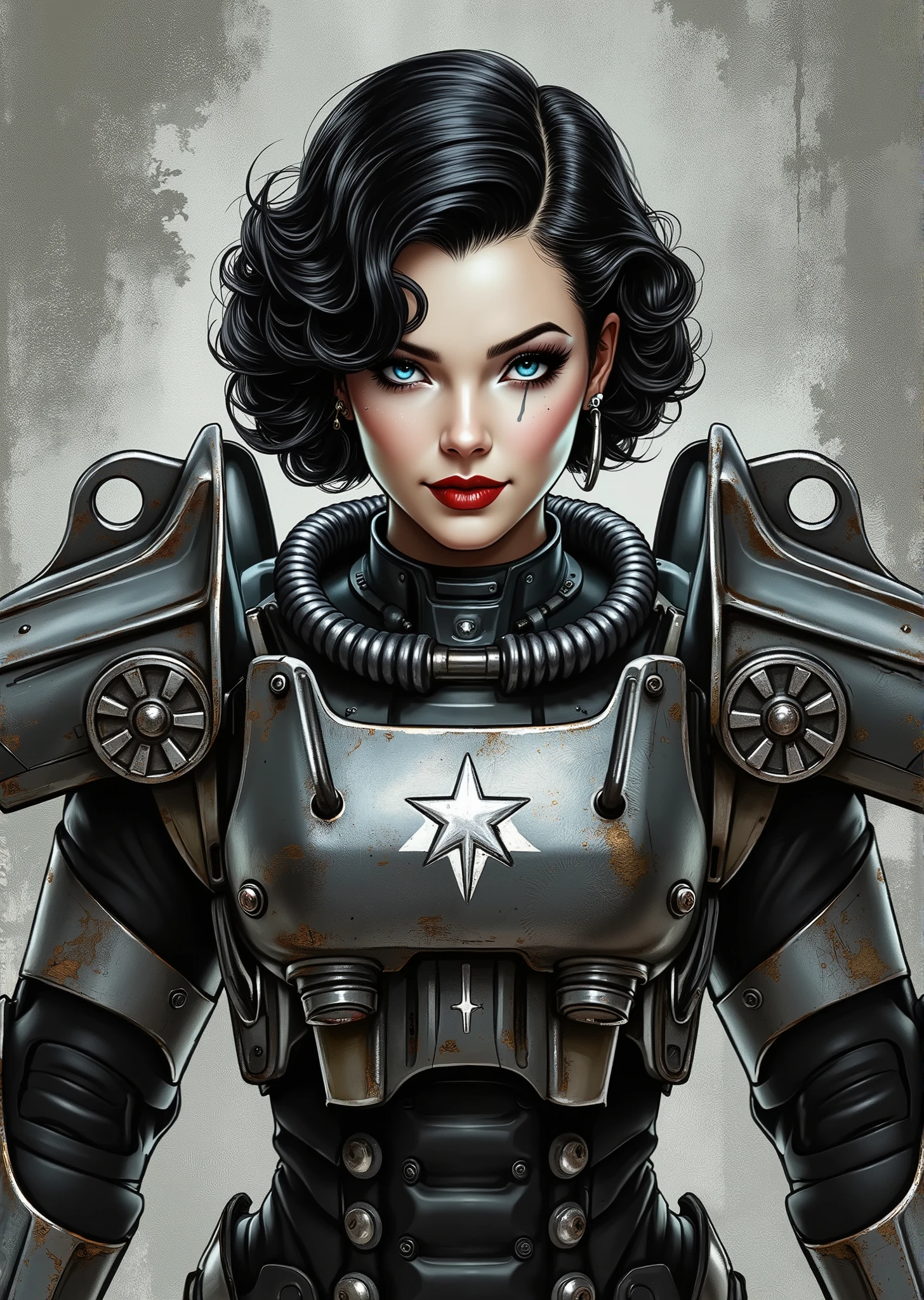 full body shot, armor, t60, robot, An extremely detailed comic book illustration depicting a stunningly beautiful character portrayed by youthful baby faced Gene Tierney nineteen years old wearing a retro 50s T-60 power armor mechanized combat suit from the Fallout Video Game setting the armor features a dark metallic exterior with black interior padding with an emblem on the chest plate showing what appears to be a star in white paint suggesting this might be part of a military or faction insignia the armor has a distinctive design with various mechanical components plates and joints visible the character is framed within the bulky armor which has a worn utilitarian aesthetic typical of post-apocalyptic or military science fiction settings with the helmet off to reveal her face whose overall look combines vintage pin-up with modern Rockabilly fashion and alternative accessories in a 50s meets the post apocalypse vibe wearing bold classic red lipstick caked on white foundation making her appear incredibly pale in a classic vintage-style makeup with defined eyebrows and dramatic eye makeup with a short black curled hairstyle with vintage 1950s-inspired waves and voluminous styling typical of the era whose cut and styling are reminiscent of classic 1950s pin-up glamour meets alternative fashion with tattoos piercings and alternative accessories in an art style inspired by Frank Miller and Conan the Barbarian. She has an expression between kind and confident. Her blue eyes are warm and her smile is motherly and compassionate. The background is awash in brushstrokes in shades of concrete grey. The level of detail and the emotive, expressive quality of the character's face create a compelling almost cinematic portrait of a complex multifaceted individual. The image evokes a sense of strength, compassion, and a desire to protect her people, making the subject a visually striking and captivating heroic figure. Standing in a dynamic action pose. Trending on Art Station.