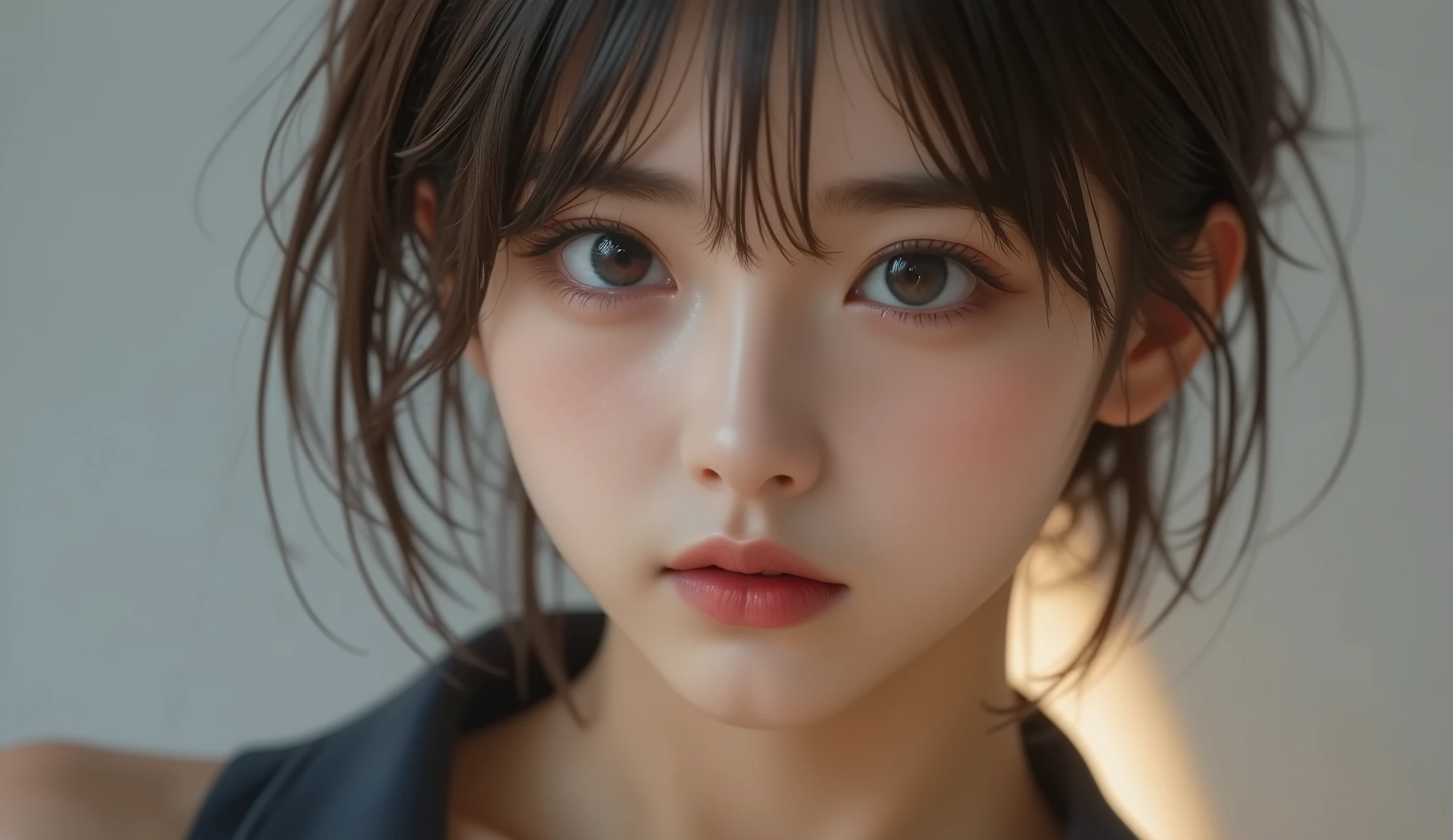 8k,super high resolution , Highest Quality, Masterpiece,rule of thirds,golden ratio,surreal,Picture, one woman,masterpiece,Close up, Beautiful Japanese Woman,18 years old,dark haired,Medium hair,hairstyle random,Smart and neat clothes,furious,with angry expressions,disdainful gaze,Minimal accessories,grey background, perfect eyes,information,Front Map, 3/4 view , warm lighting